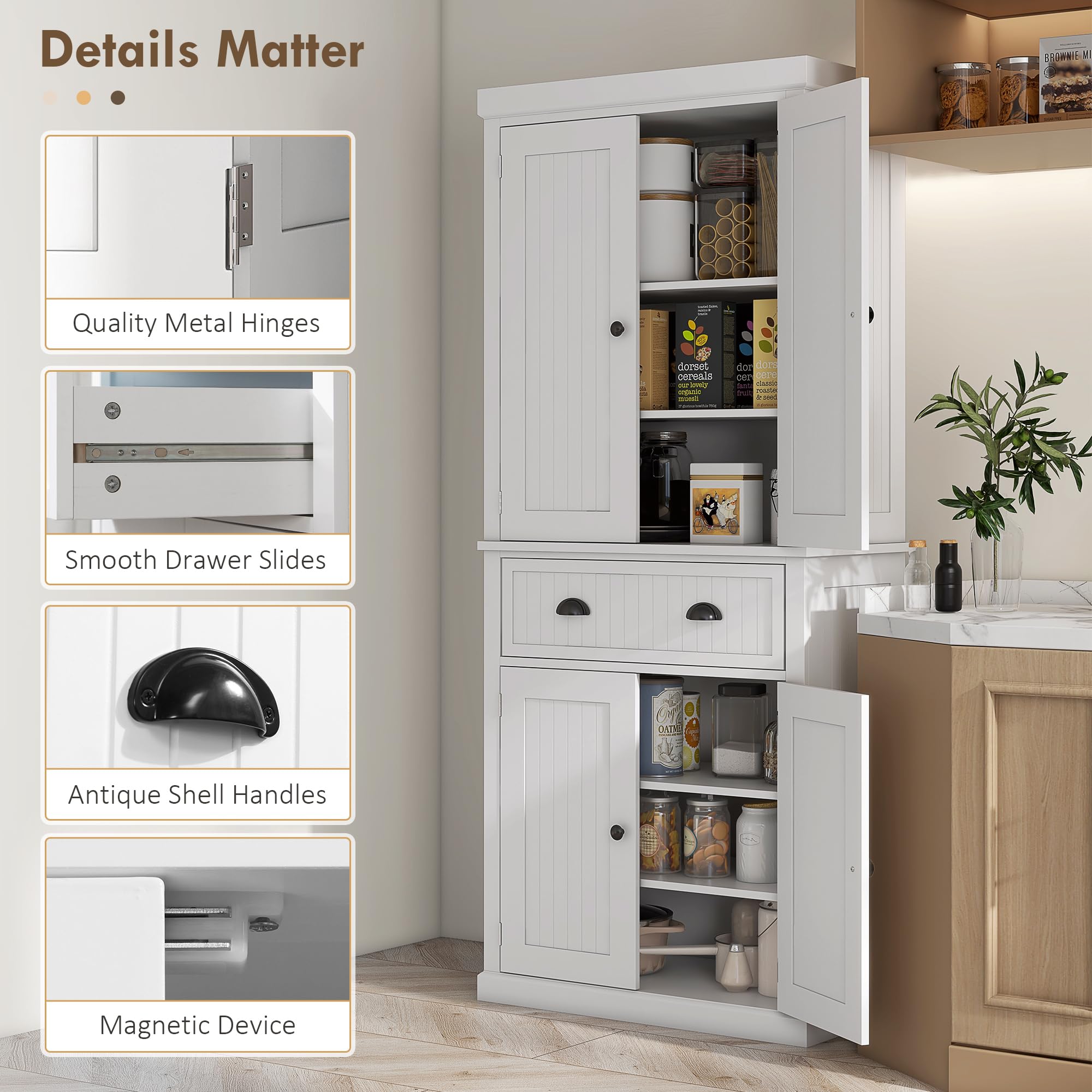 HOMCOM 72 Inch White Freestanding Kitchen Pantry Cabinet with 4 Doors, Drawer & 3 Adjustable Shelves - Tall Storage Cabinet for Dining Room, Kitchen, or Living Room Organization