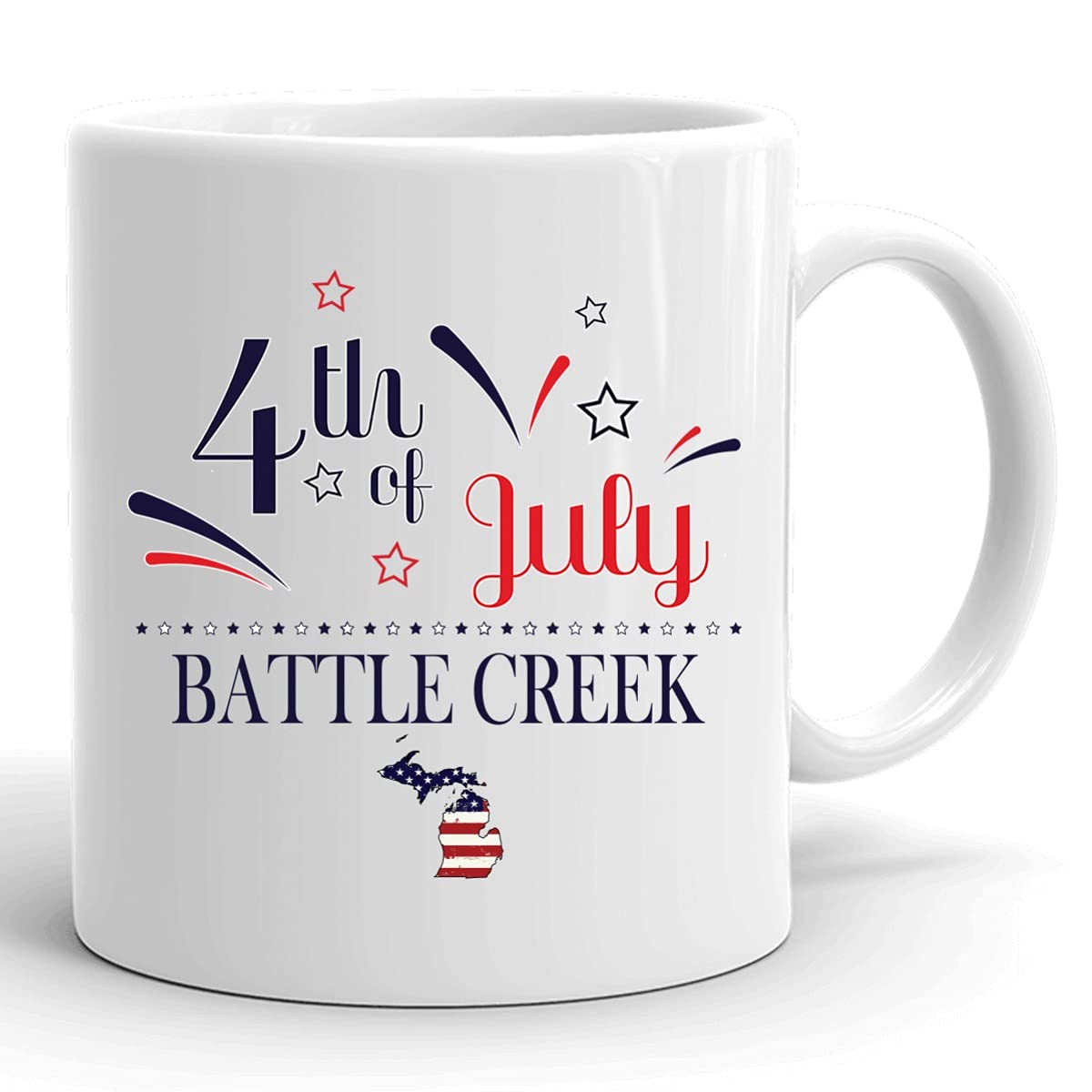 Personalized 11oz White Coffee Mug - Custom USA Flag Design with Independence Day & Happy 4th of July Theme - Battle Creek Michigan Gift - Perfect for Home, Office & Patriotic Celebrations