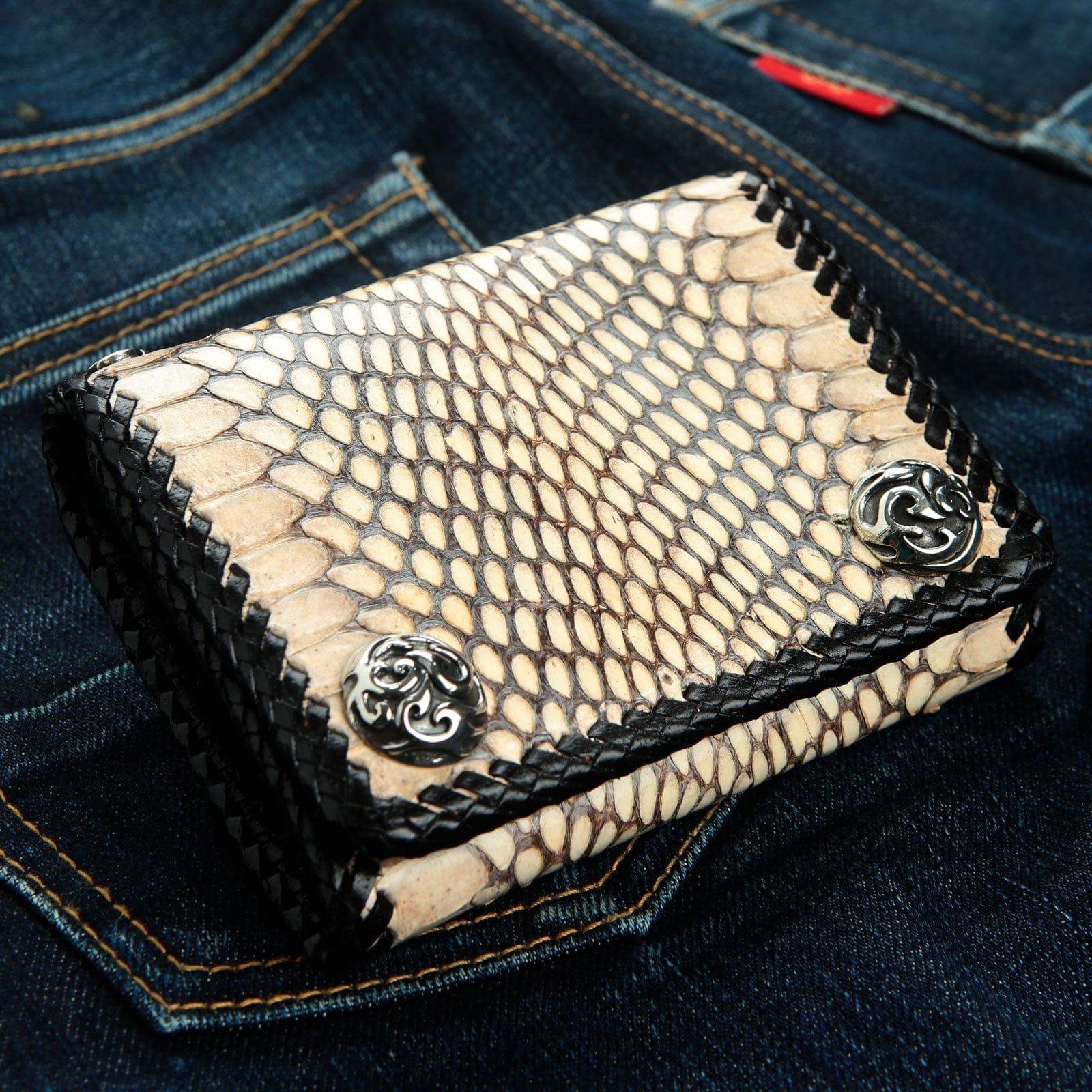 Dark Grey Snake Leather Biker Wallet for Men - Stylish RFID Blocking Slim Wallet for Motorcycle Riders & Everyday Use