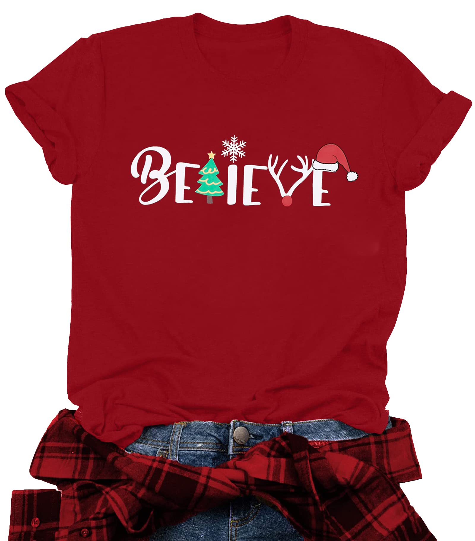 Christmas Believe Tree Graphic Tee - Cute Short Sleeve Holiday Shirt for Women | Festive Christmas Party Outfit & Gift Idea