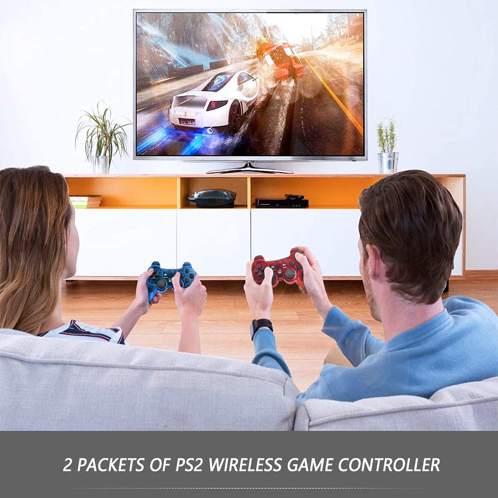 Wireless PS2 Controller with Dual Vibration - 2.4G Gamepad Joystick Compatible with Playstation 2 Console - Includes Wireless Receiver (2 Pack, Clear Blue & Clear Red) - Perfect for Gaming Nights & Multiplayer Sessions