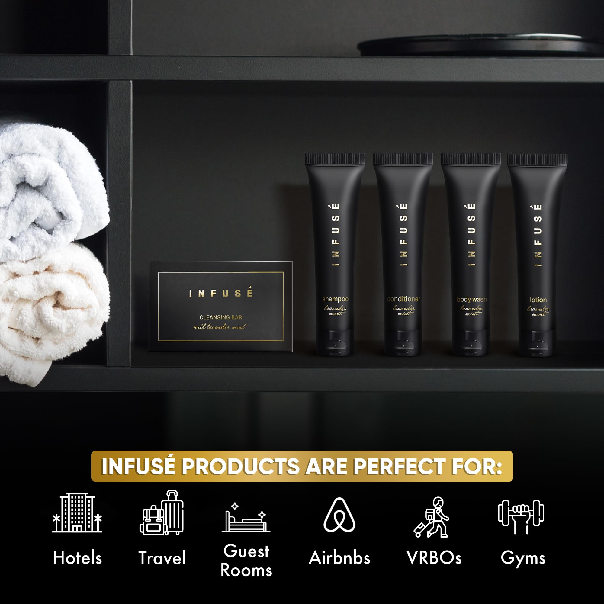 Infuse Black Hotel Soaps and Toiletries Bulk Set - 300 Pieces All-In-One Amenities Kit for Hotels & Airbnb | Includes Travel-Size 1 oz Shampoo, Conditioner, Body Wash, Lotion & 1.25 oz Cleansing Bar | Perfect for Hospitality Industry, Guest Bathrooms, and Luxury Accommodations