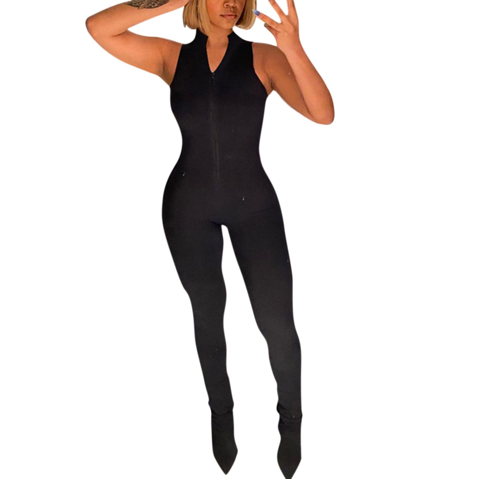 SPORTTINstm Women's Sexy Sleeveless Jumpsuit with Zipper - Long Romper Outfit for Party & Club Wear - Solid Color Fashion Clothing (Black, Size S) - Perfect for Nightlife, Date Nights & Special Occasions