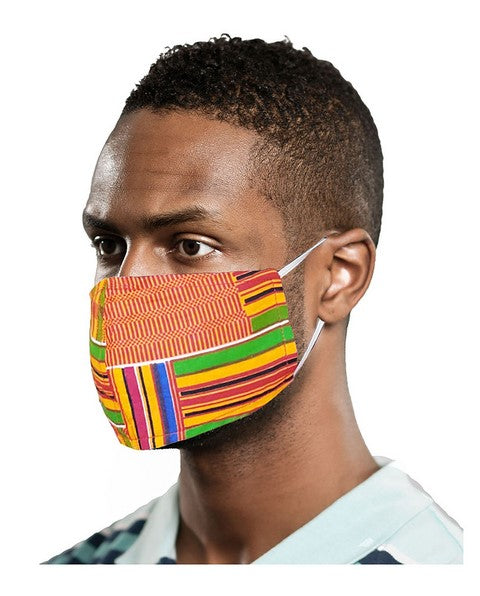 African Kente Print Reusable Face Mask - Washable Cotton Fabric with Adjustable Ear Loops for Adults - Perfect for Travel, Shopping & Daily Protection