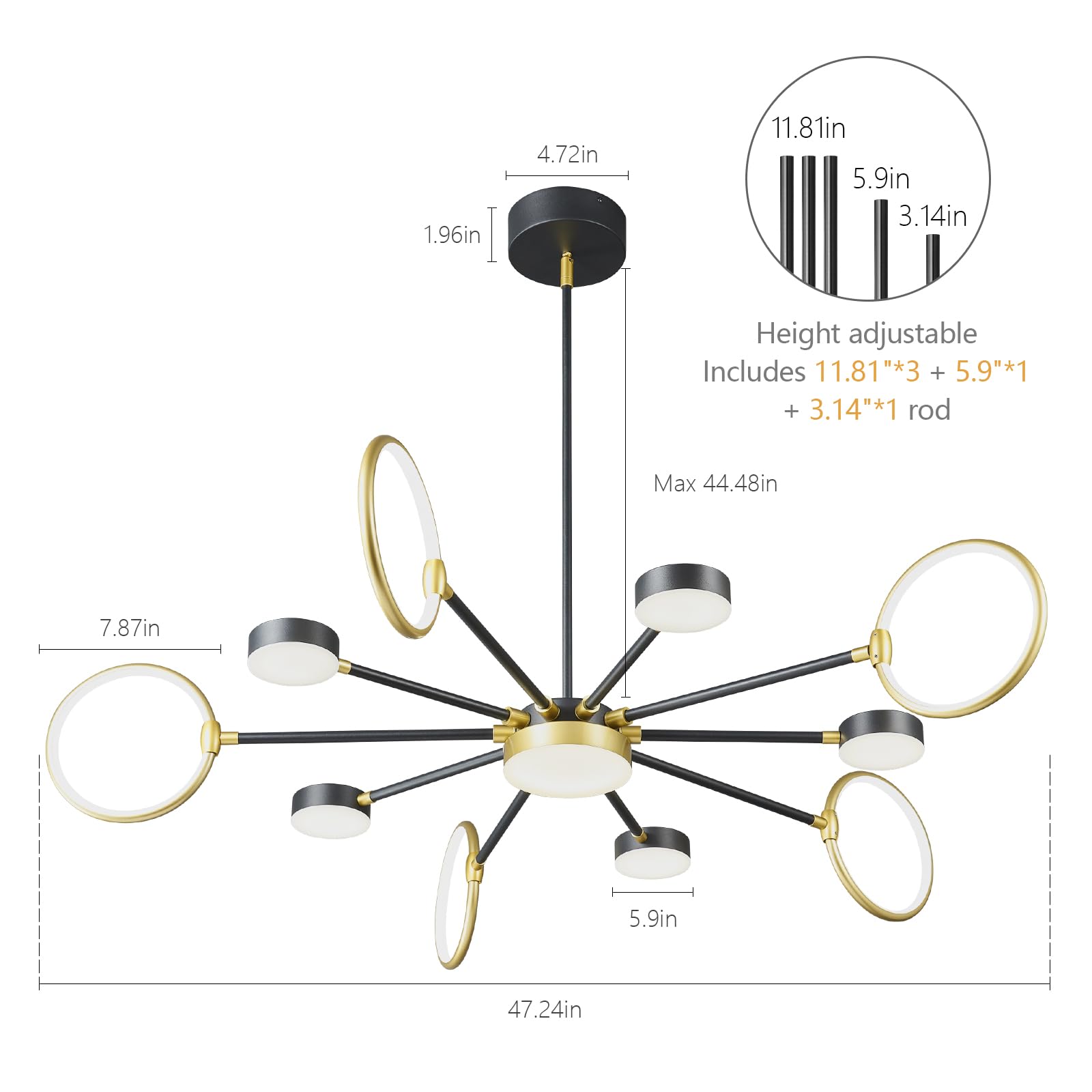 Modern Black & Gold LED Sputnik Chandelier - 11-Light Farmhouse Pendant Lighting Fixture for Dining Room, Bedroom, Living Room & Kitchen | Energy Efficient Dimmable Ceiling Light for Home Decor