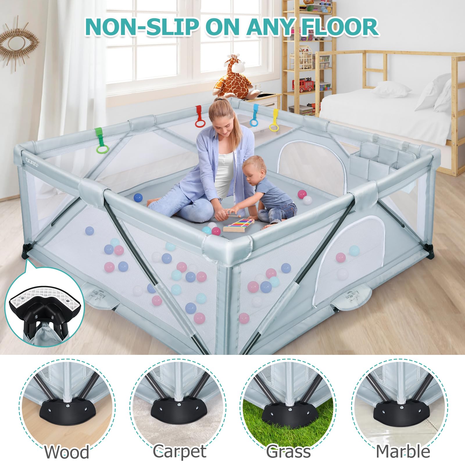Foldable Baby Playpen for Toddlers - Large Portable Play Yard with 2 Storage Bags & 50 Balls (59