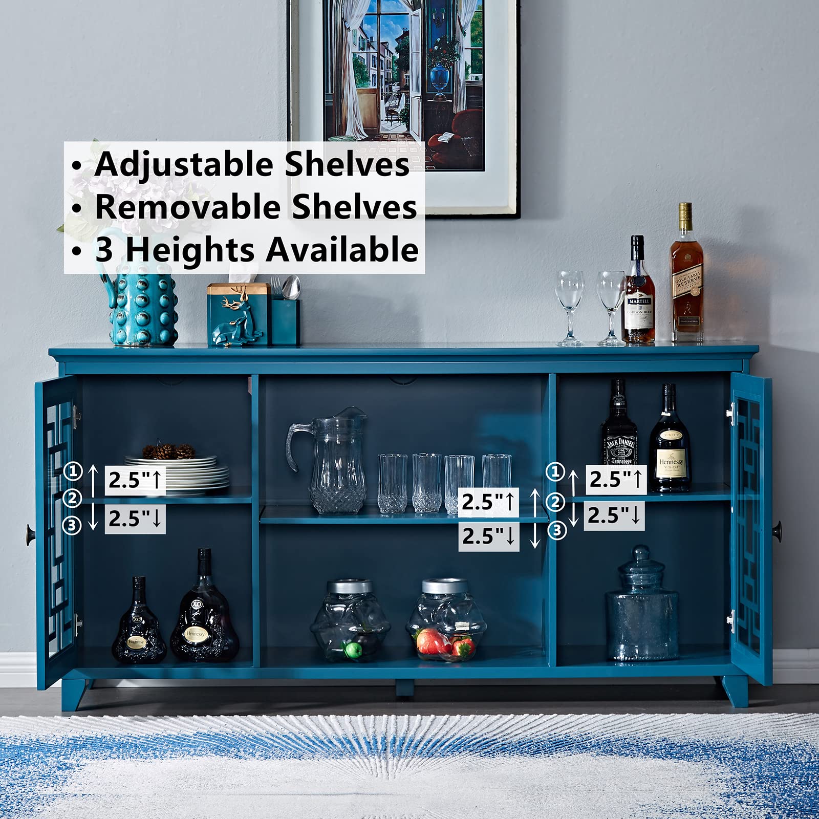 60 Inch Buffet Cabinet with Storage - Modern Sideboard with 2 Doors & Adjustable Shelf, Accent Storage Cabinet for Kitchen, Dining Room, Entryway or Living Room - Perfect for Holiday Entertaining & Daily Storage (Blue)