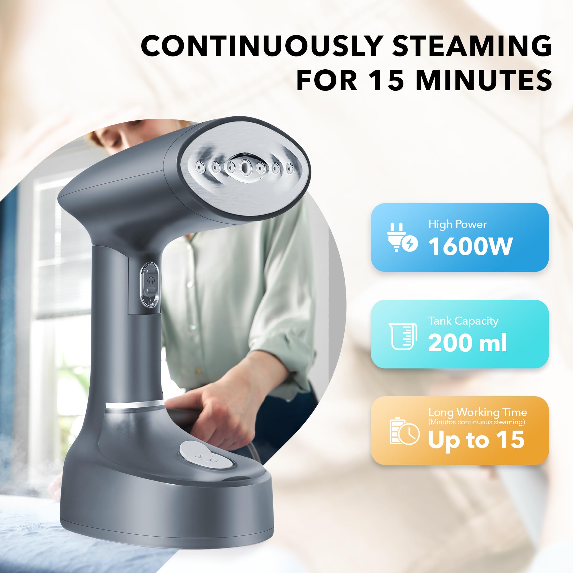 Portable 1600W Handheld Garment Steamer for Clothes - Fast Heat-up & Wrinkle Remover with 200ml Water Tank | Travel & Home Use | Safe for All Fabrics (Grey) | Perfect for Business Trips, Weddings & Daily Outfits