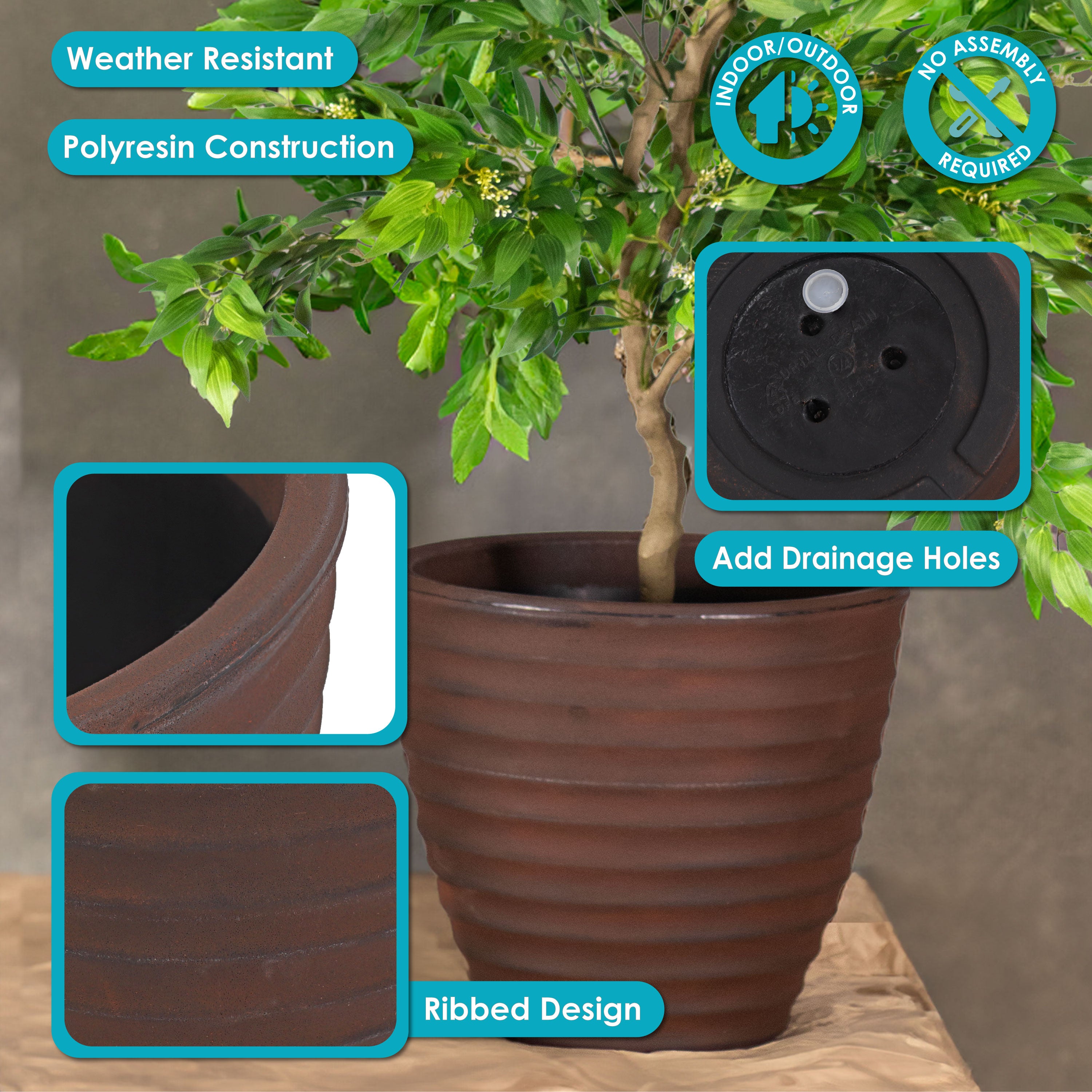 Sunnydaze Polyresin Ribbed Outdoor Plant Pot - Rust-Resistant Garden Decor for Patio, Deck & Balcony | Perfect for Succulents, Herbs & Flowers