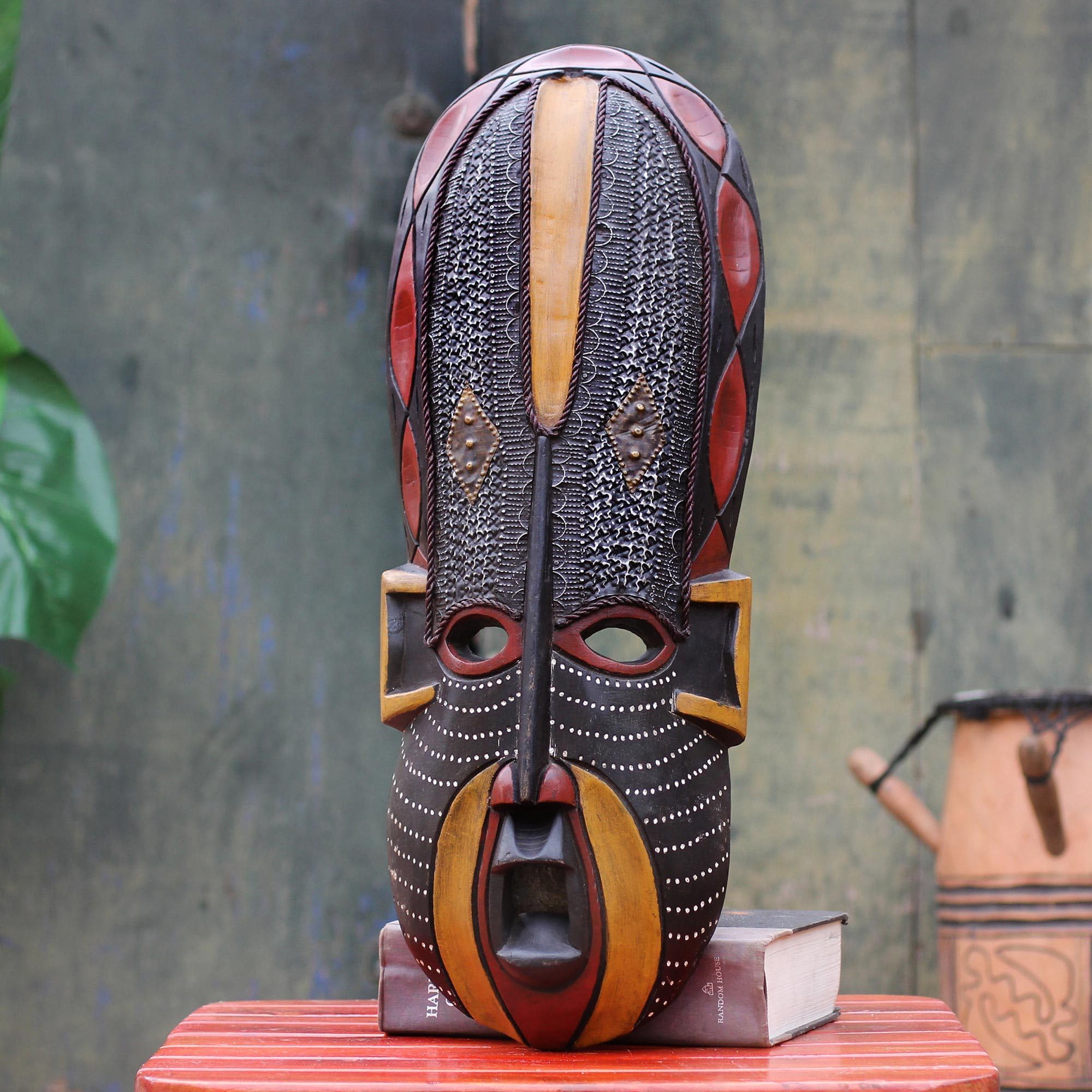 NOVICA Handcrafted Ghanaian Wood and Aluminum Decorative Mask - Black 'Akan Beauty' African Wall Art for Home Decor, Living Room, Office & Gifts