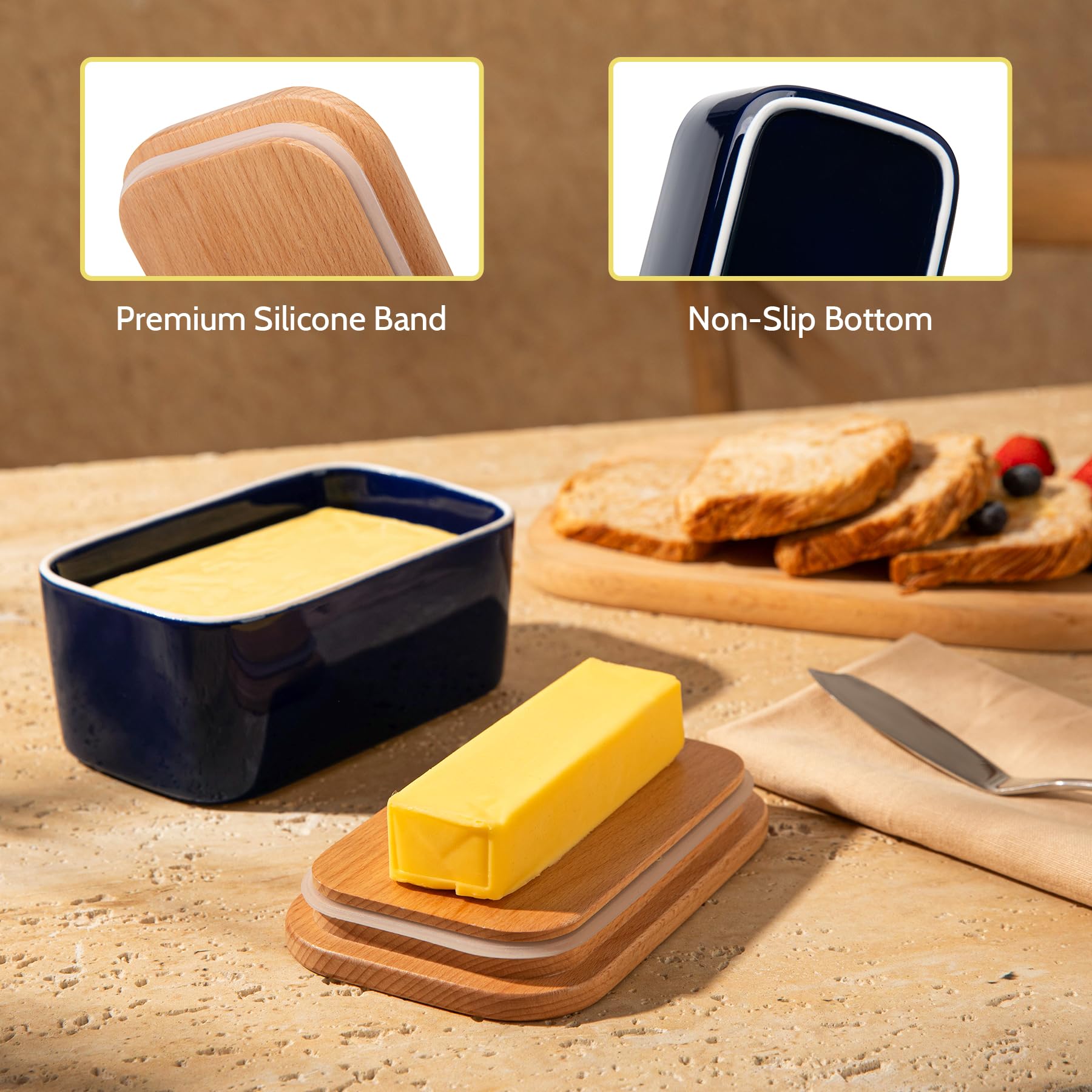 Sweese Large Airtight Butter Dish with Lid - Holds 2 Sticks of Butter, Porcelain Butter Keeper for Countertop - Perfect for Kitchen Decor & Gift (Navy) | Keep Butter Fresh for Breakfast, Baking & Cooking