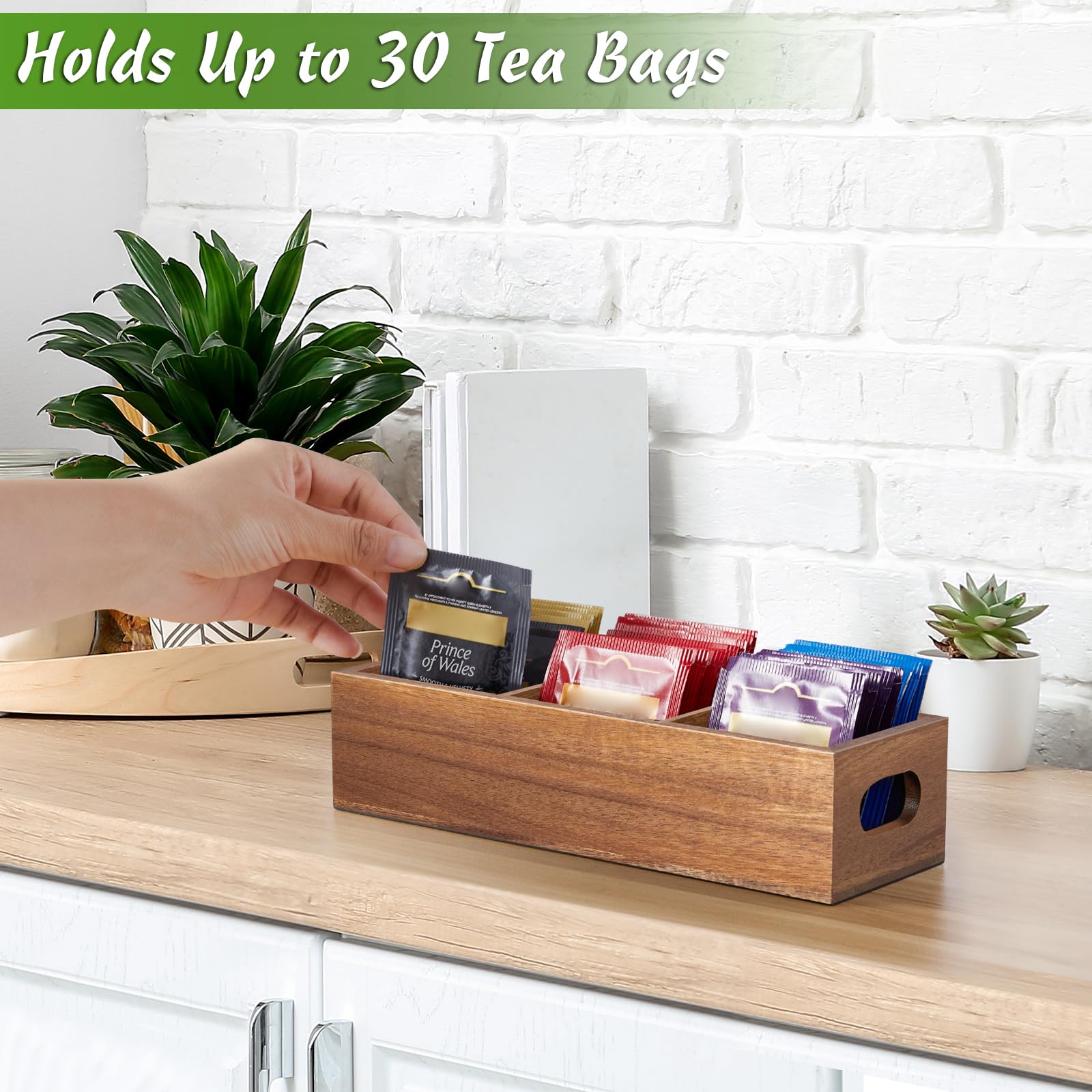 Acacia Tea Bag Holder - 3-Slot Wooden Organizer for Countertop Storage