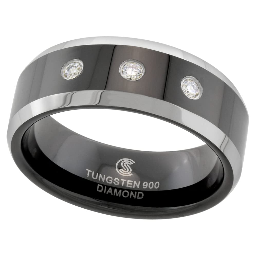 2-Ring Set 6mm & 8mm Black Tungsten 3 Stone Diamond Wedding Band for Men - Two-Tone Beveled Comfort Fit Sizes 5-13 - Perfect for Anniversary, Engagement & Everyday Wear