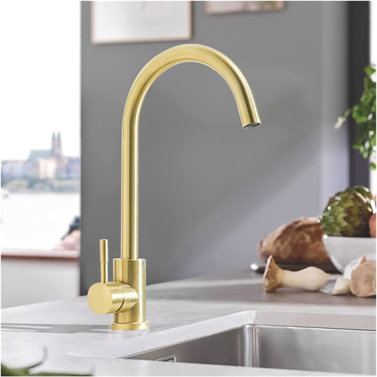Stainless Steel Single Lever Kitchen Sink Faucet with Brushed Gold Finish - Hot & Cold Water Mixer Tap for Modern Home, Restaurant & Commercial Use