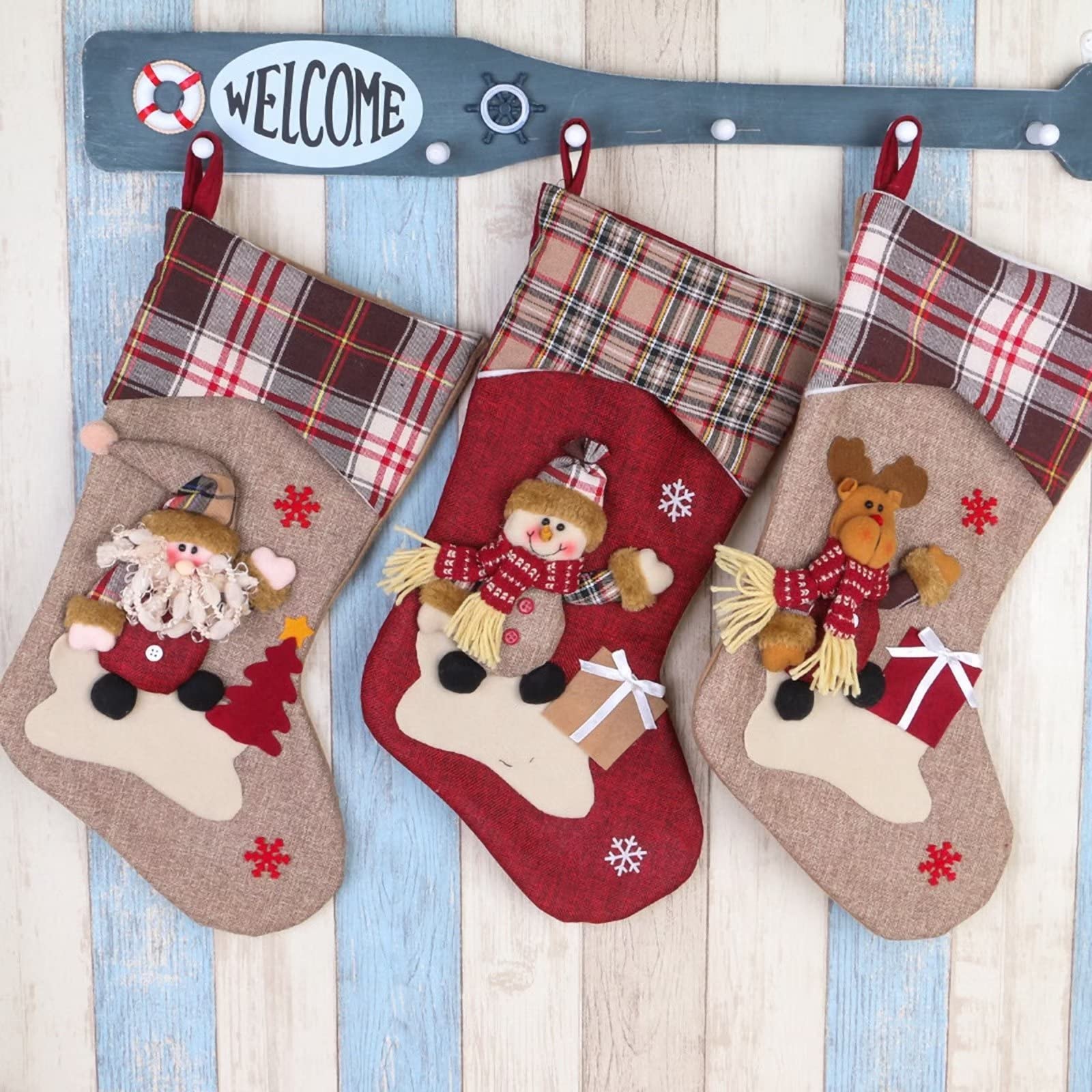 3 Pack 17 Inch Christmas Stockings - Red Khaki Buffalo Tartan Santa Snowman Reindeer Holiday Stockings for Fireplace Mantel Decor | Classic Xmas Tree Hanging Ornaments for Holiday Party & Home Decoration | Perfect for Christmas Gifts, Family Gatherings and Festive Season Decor
