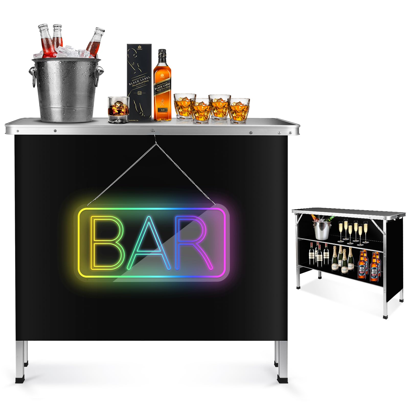BRILLIHOOD Portable Double Shelves Bar Table with LED Neon Sign - Mobile Bartender Station for Home, Events, Outdoor & Patio Use | Includes Black Skirt & Carry Case | Perfect for Parties, Weddings & Backyard Gatherings