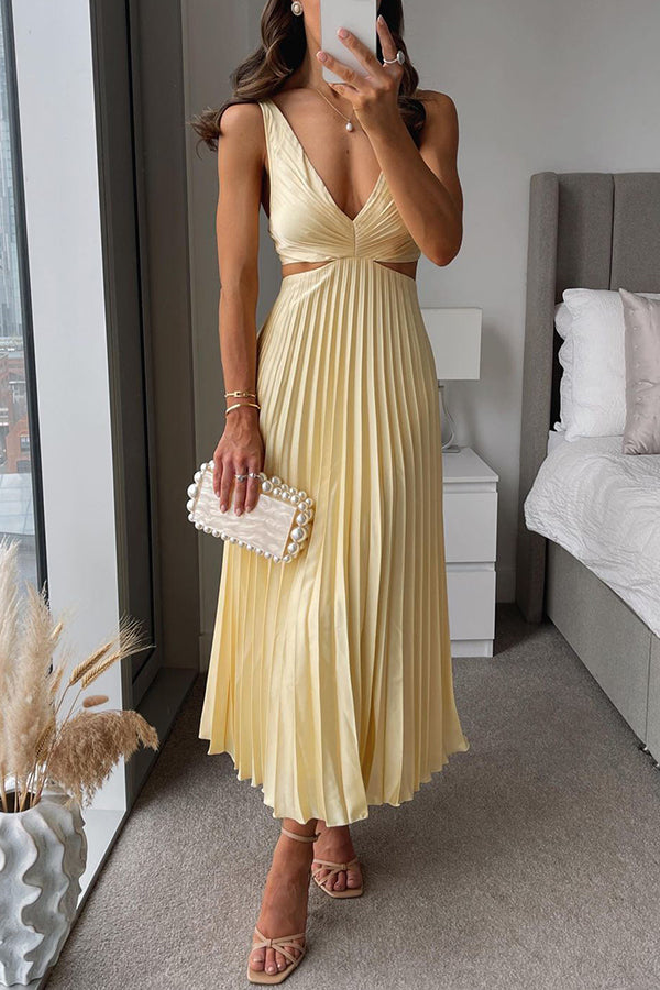 Elegant Summer Floral Print Pleated Cutout Waist Loose Midi Dress for Women - Perfect for Beach Vacations, Garden Parties & Casual Outings