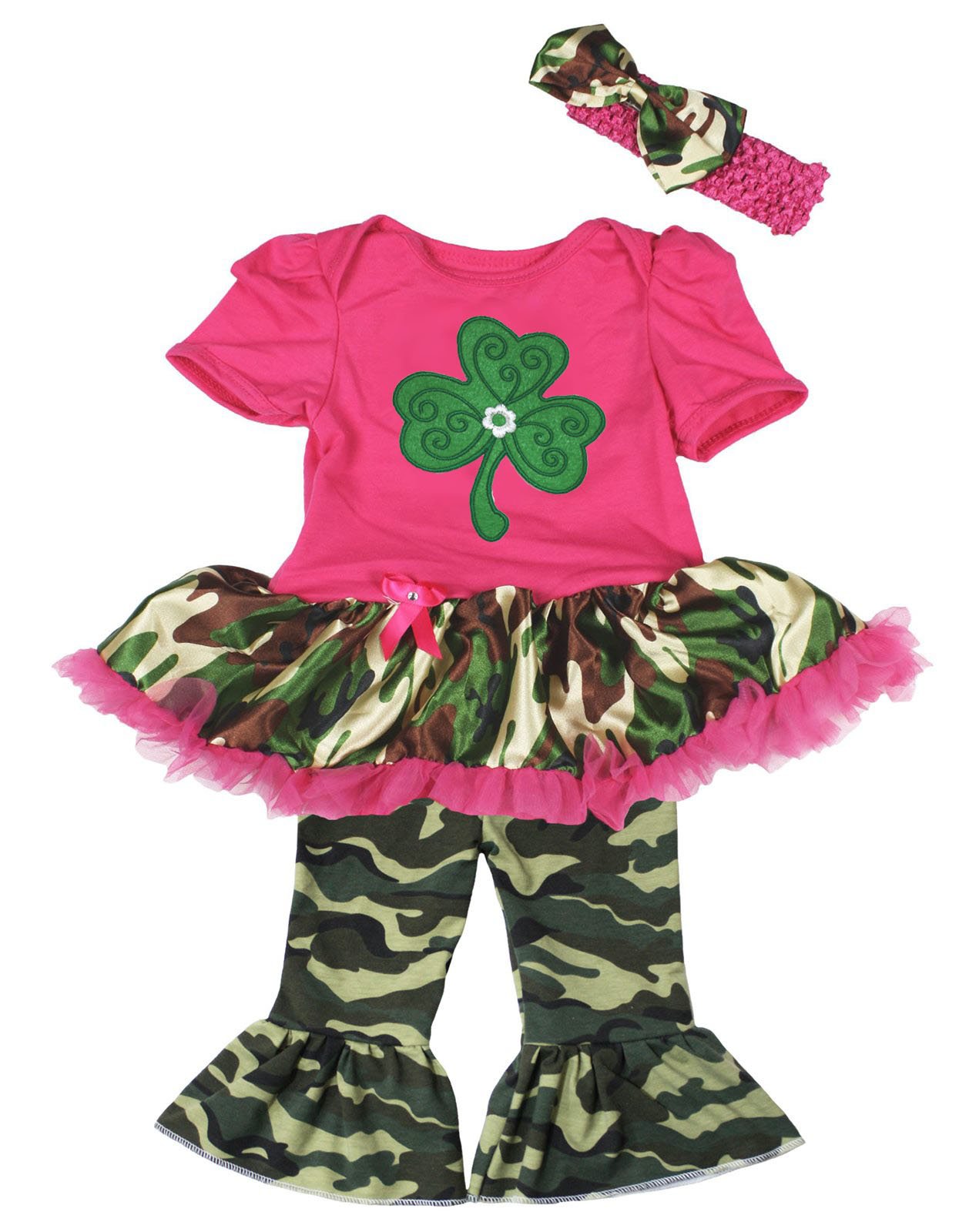 St. Patrick's Day Baby Outfit - Green Leaf Print Hot Pink Bodysuit with Camouflage Tutu & Pants Set for Newborn to 18 Months | Irish Holiday Photoshoot & Party Wear