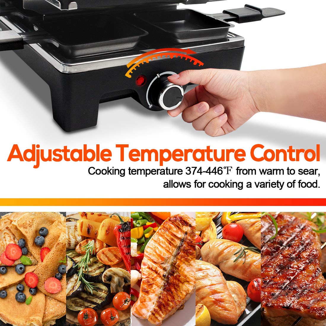 CUSIMAX Electric Raclette Grill & Korean BBQ - 2-in-1 Portable Tabletop Grill with Reversible Non-Stick Plates, Adjustable Temperature Control & 8 Paddles - Perfect for Indoor Parties, Cheese Melting & Crepe Making