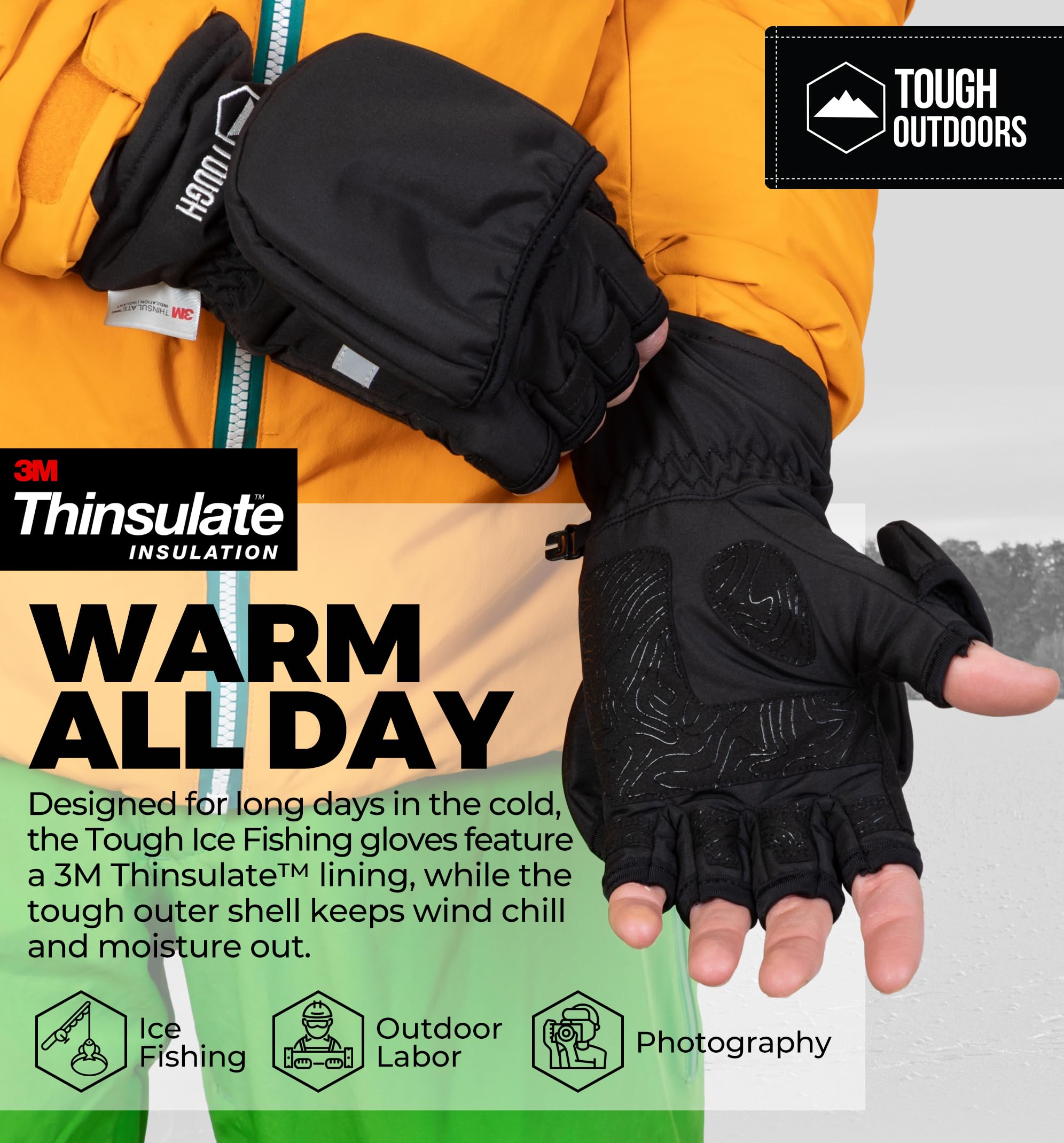 3M Thinsulate Waterproof Ice Fishing Gloves for Men & Women - Cold Weather Convertible Mittens with Finger Flaps - Winter Fly Fishing & Photography Gloves - Perfect for Ice Fishing, Outdoor Photography, and Winter Sports