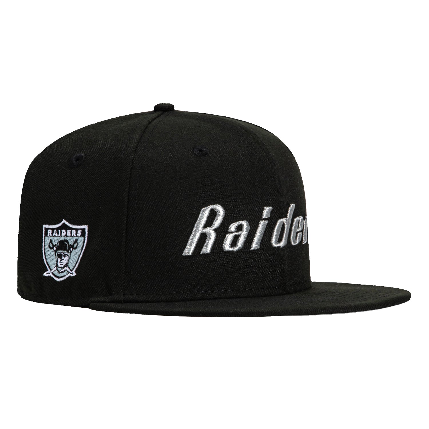 New Era 59Fifty Las Vegas Raiders Logo Patch Word Hat - Black & Metallic Silver Snapback Cap for Men | NFL Football Fan Gear, Game Day Outfit, Streetwear Fashion Accessory