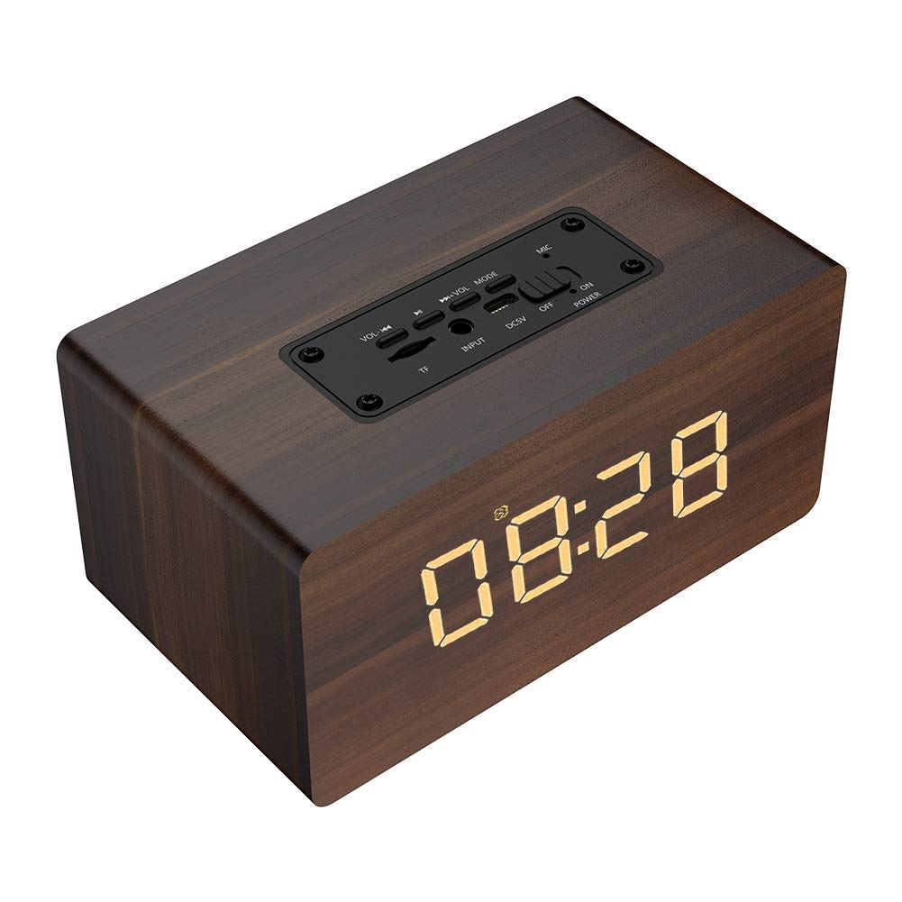 Ciciglow Wooden Alarm Clock Bluetooth Speaker - Retro Portable Wireless Speaker with Stereo Subwoofer & FM Radio - Desktop Computer Speaker for Office, Kitchen, Home (Brown Wood Grain) | Perfect for Bedroom Decor, Music Listening & Alarm Clock Functionality