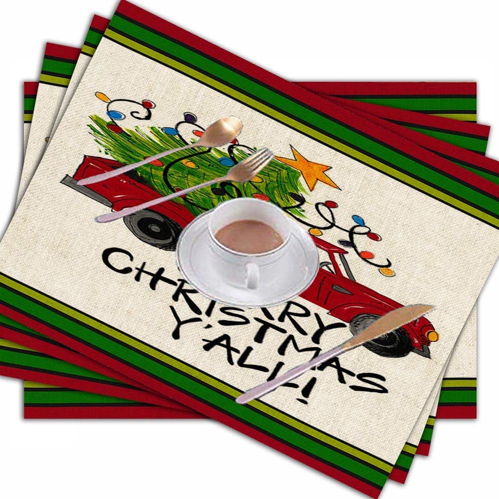 Jesmacti Christmas Placemats Set of 4 - 18x12 Inch Holiday Table Mats with Red Truck & Tree Design - Festive Dining Decor for Christmas Parties, Family Gatherings & Seasonal Home Styling