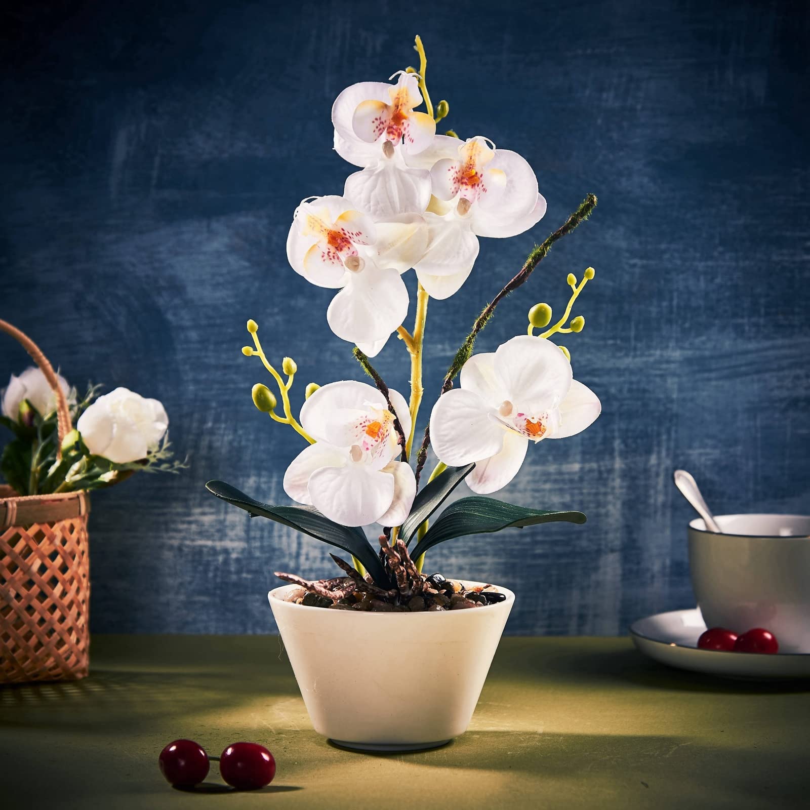 LOUHO Artificial Orchid Flowers with Vase - White Phalaenopsis Silk Flowers for Home Table Decor, Indoor Centerpieces, Office Desk & Wedding Arrangements - Faux Orchid Floral Arrangement in Pot for Living Room, Dining Table & Event Decor