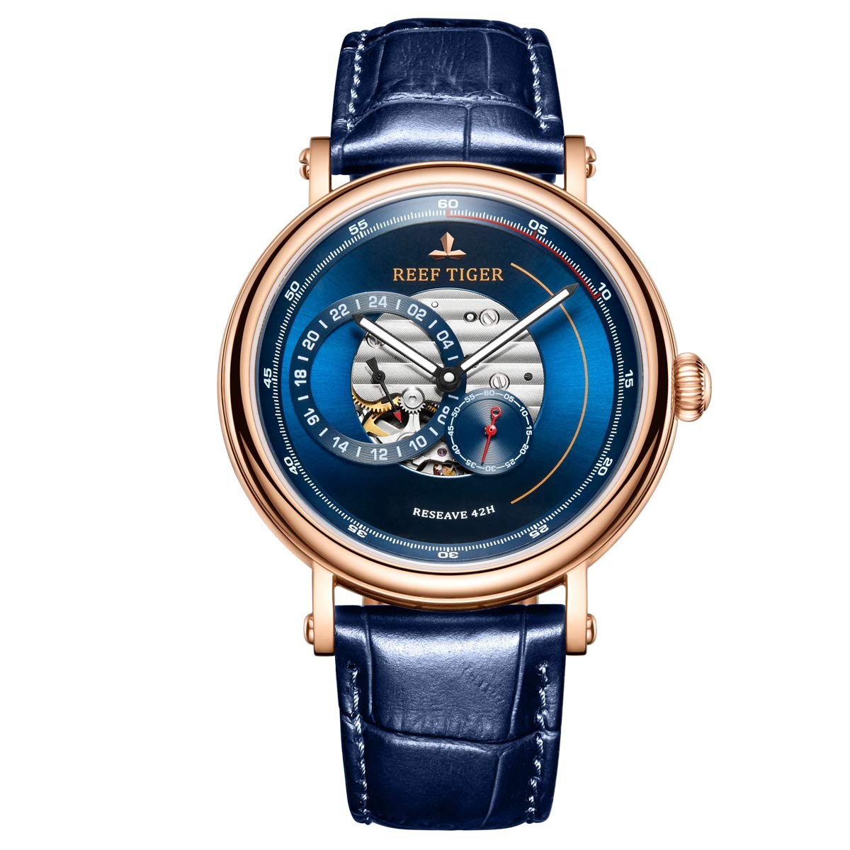 REEF TIGER Luxury Men's Automatic Watch - Blue Reserve RGA1617 with Genuine Leather Strap | Waterproof Dress Watch for Business, Formal Events & Gifts