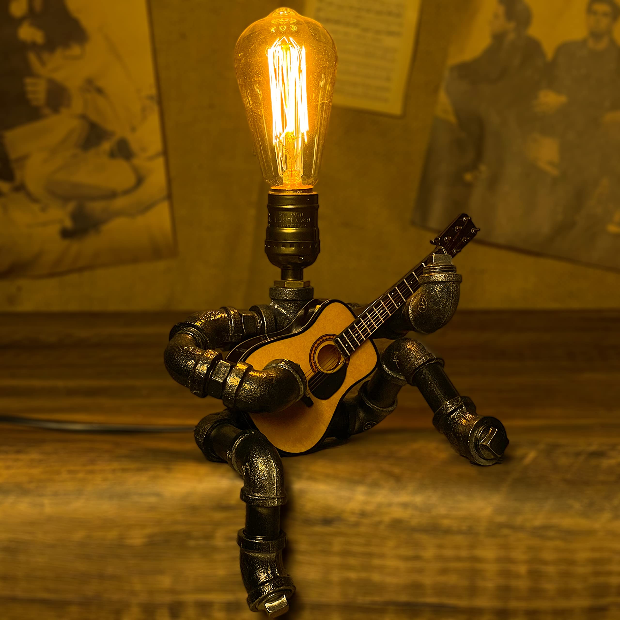 Steampunk Guitar Player Table Lamp - Vintage Industrial Pipe Robot Desk Light with Edison Bulb, Unique Music Theme Gift for Guitarists & Music Lovers | Perfect for Home Office, Man Cave, Studio Decor & Music Enthusiast Gifts
