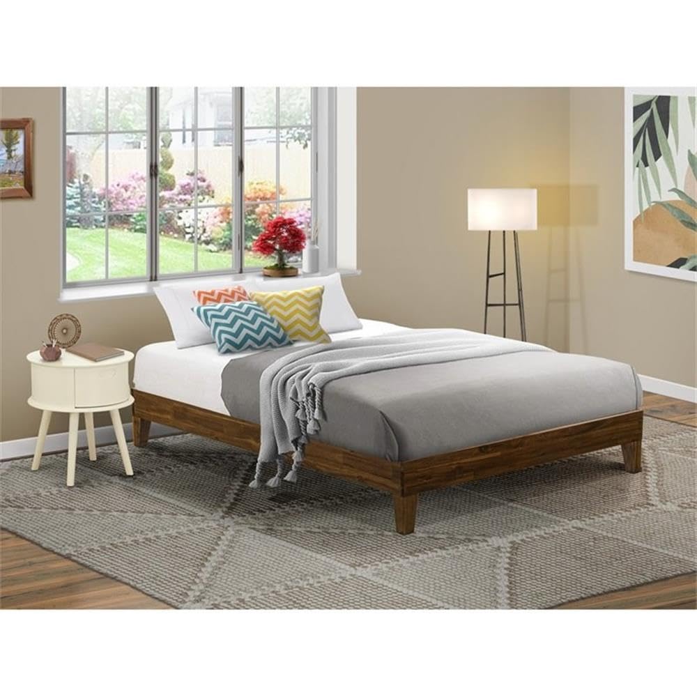 East West Furniture NVP-22-Q Queen Size Bed Frame with 4 Solid Wood Legs & 2 Extra Center Supports - Walnut Finish - Sturdy Platform Bed for Master Bedroom or Guest Room