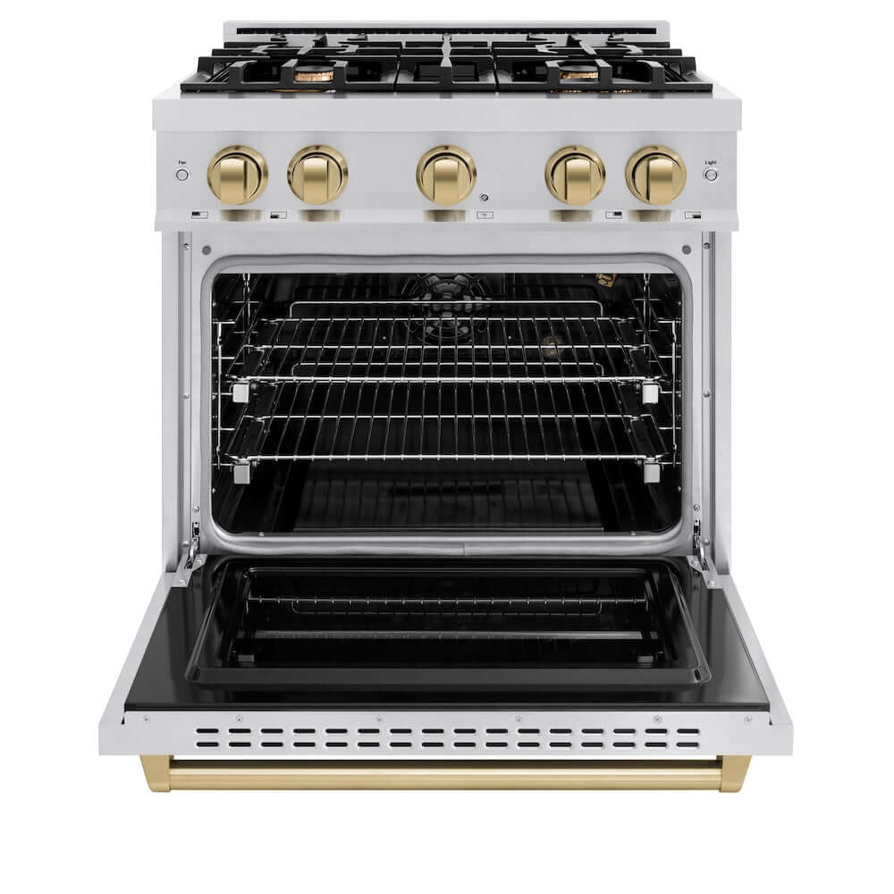 ZLINE Autograph Edition 30-inch 4.2 cu. ft. Stainless Steel Gas Range with 4 Burner Cooktop & Convection Oven - Champagne Bronze Accents (CGRZ 30 CB) - Perfect for Modern Kitchens and Professional Cooking