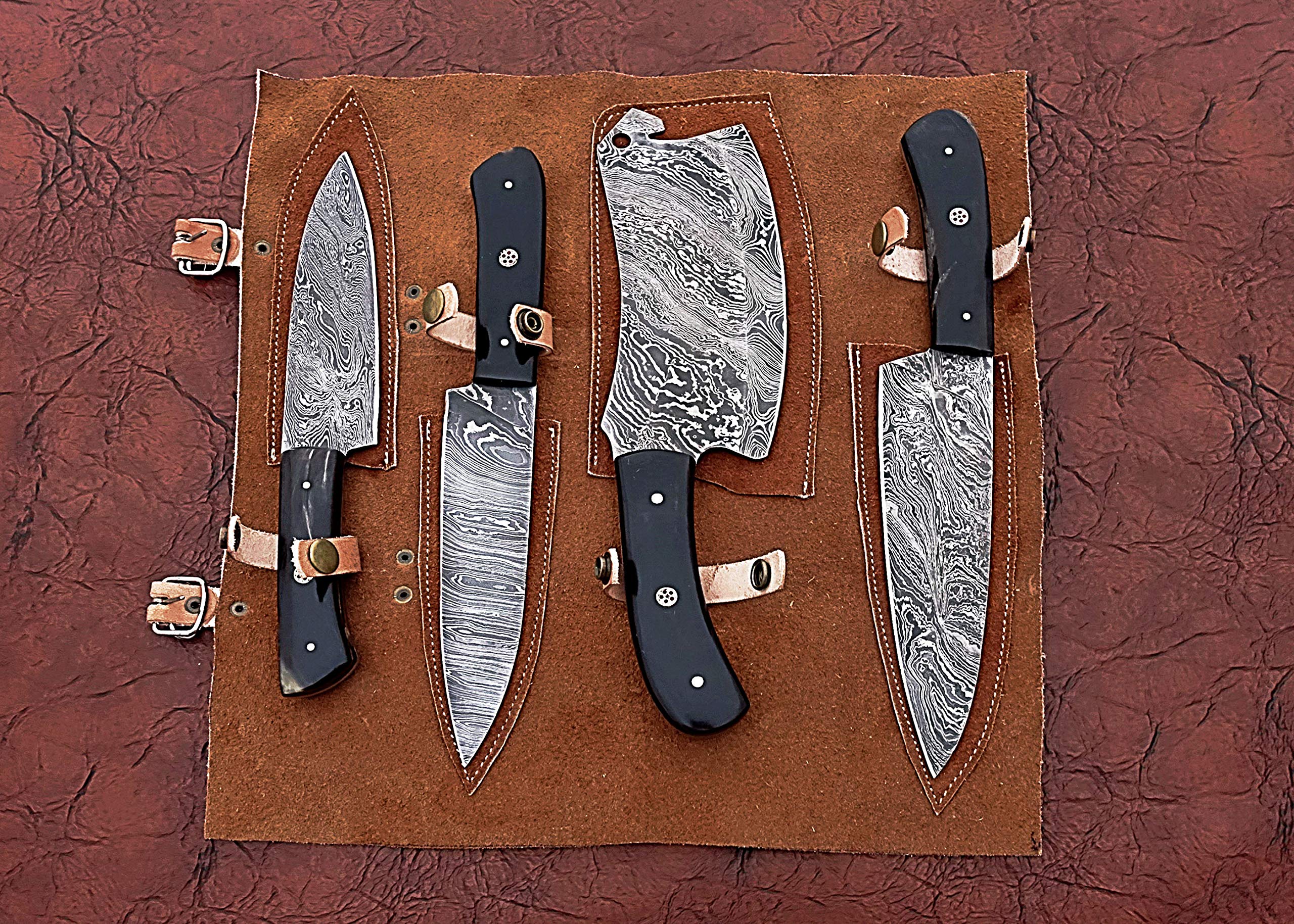 Premium 4-Piece Damascus Steel Chef Knife Set with Leather Roll Bag - Includes Chef, Slicing, Utility & Cleaver Knives - 45
