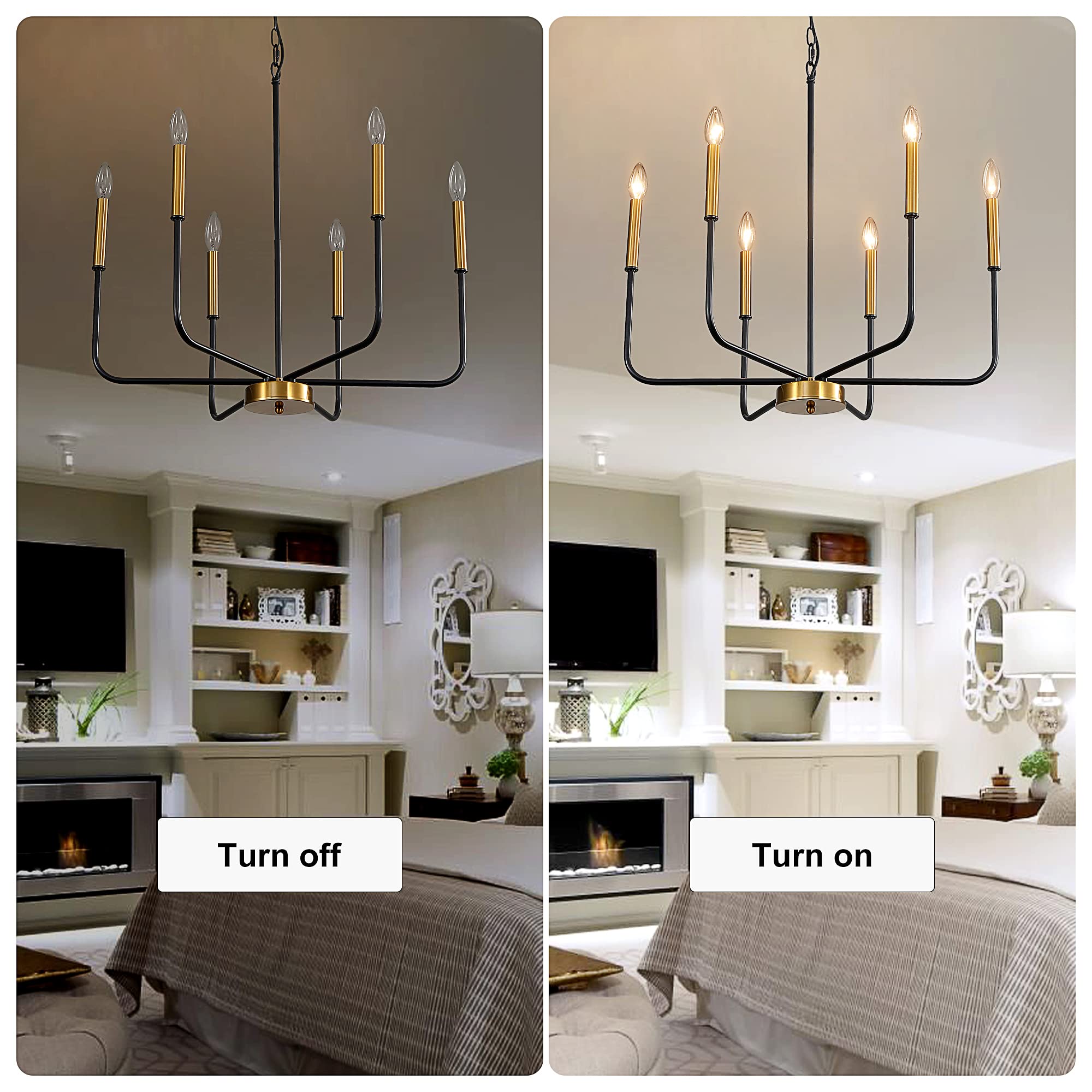 Modern 6-Light Black & Gold Farmhouse Chandelier - Adjustable Candle Pendant Light Fixture for Dining Room, Kitchen Island, Living Room & Entryway | Rustic Elegance for Home Decor & Wedding Venues