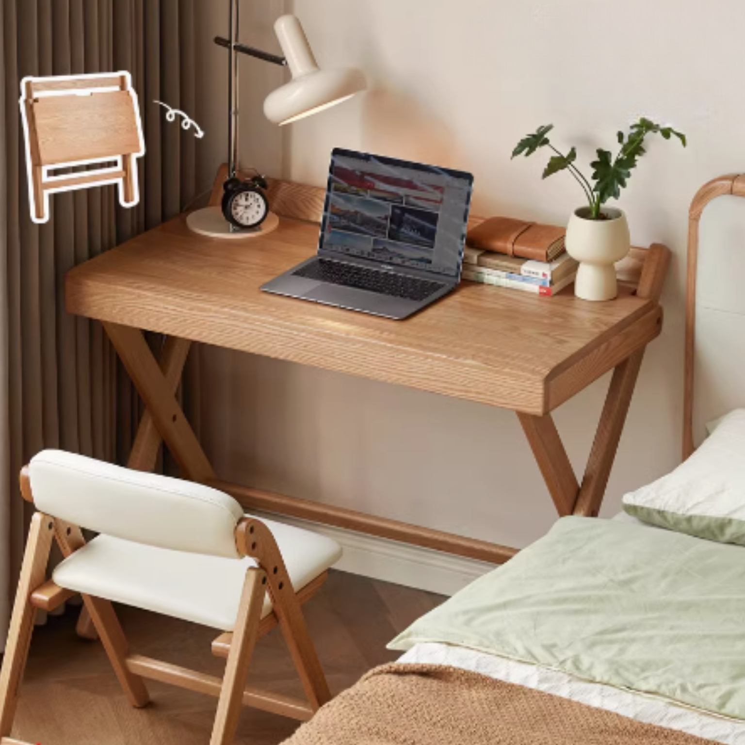 Solid Oak Wood Modern Folding Table - Space-Saving Dining & Work Desk for Small Apartments, Outdoor Picnics & Home Office