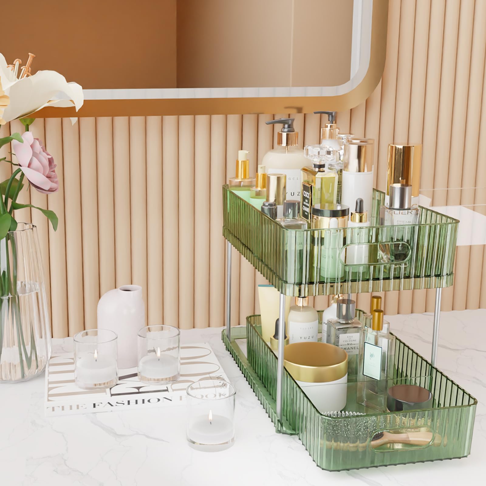 2 Tier Makeup Organizer Countertop - Large Capacity Cosmetic Display Case with Partition Board for Vanity | Makeup Holder & Cosmetic Organizer (Green) | Perfect for Bathroom Counter, Dressing Table & Travel Storage