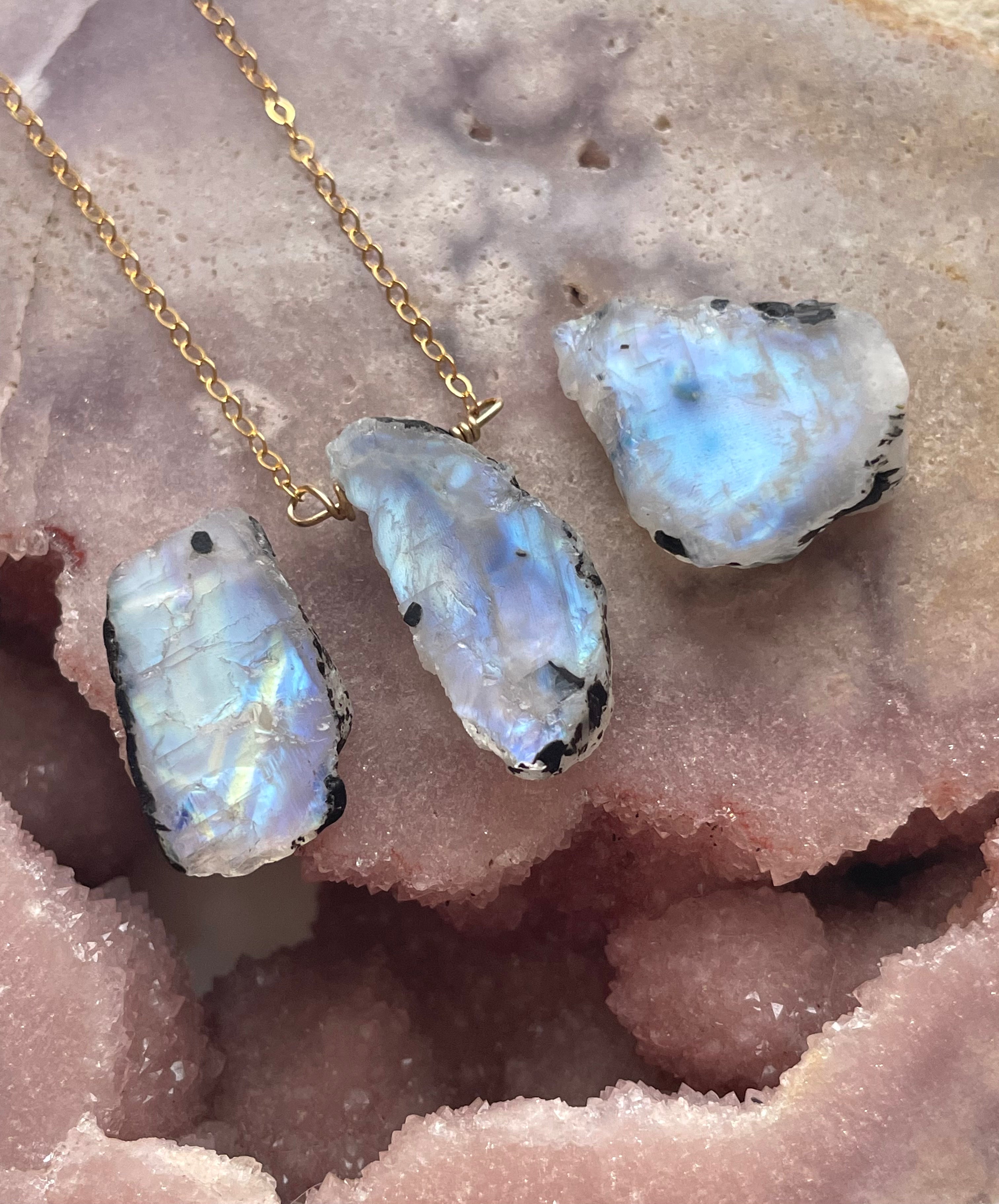 Natural Raw Moonstone Pendant Necklace - Sterling Silver or 14k Gold Filled Chain - Boho Jewelry for Women, Healing Crystal Gift for Meditation & Spiritual Energy