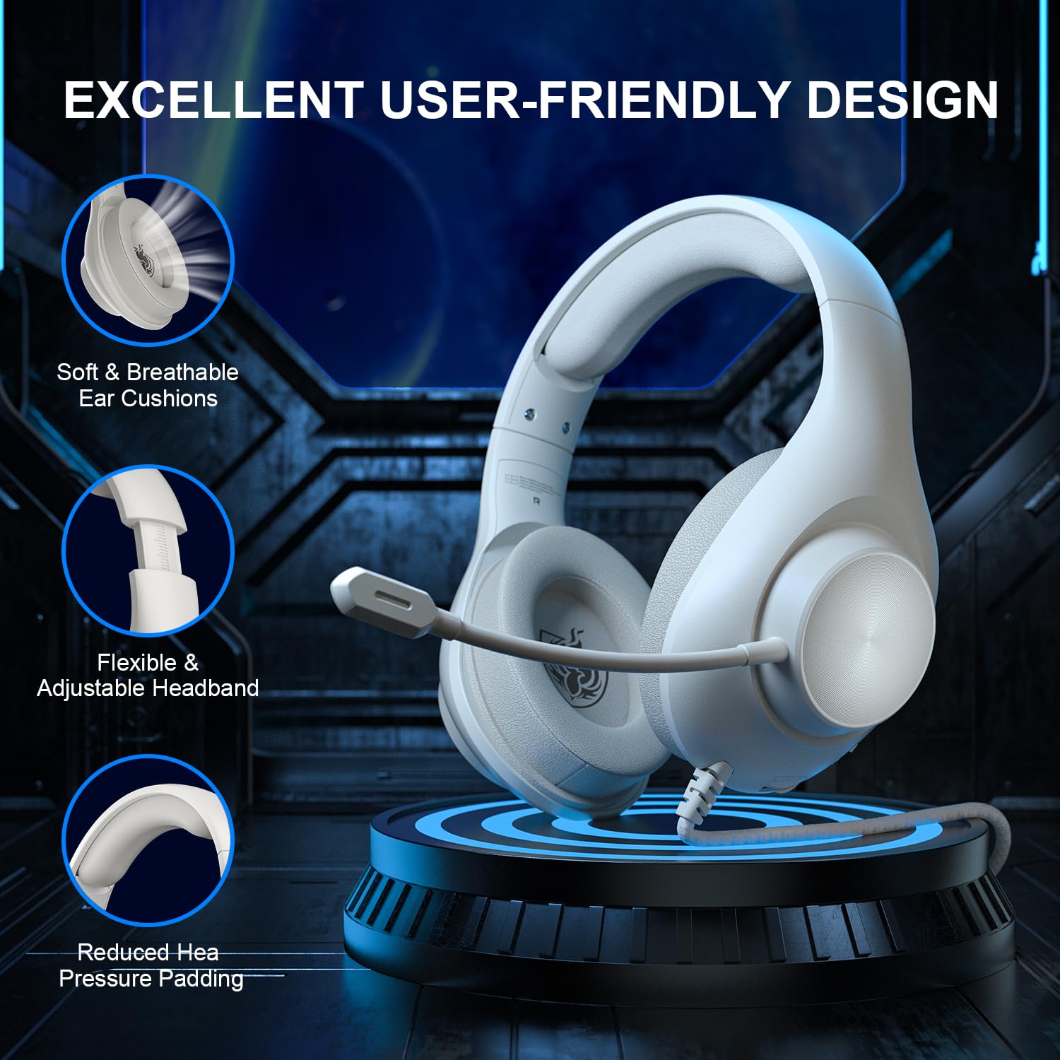 YOTMS Wired Gaming Headset for PS5, PC, Xbox Series X/S, Switch - 7.1 Surround Sound, Noise Cancelling Mic, Memory Foam Earmuffs (White) - Perfect for Competitive Gaming, Streaming & Online Chat