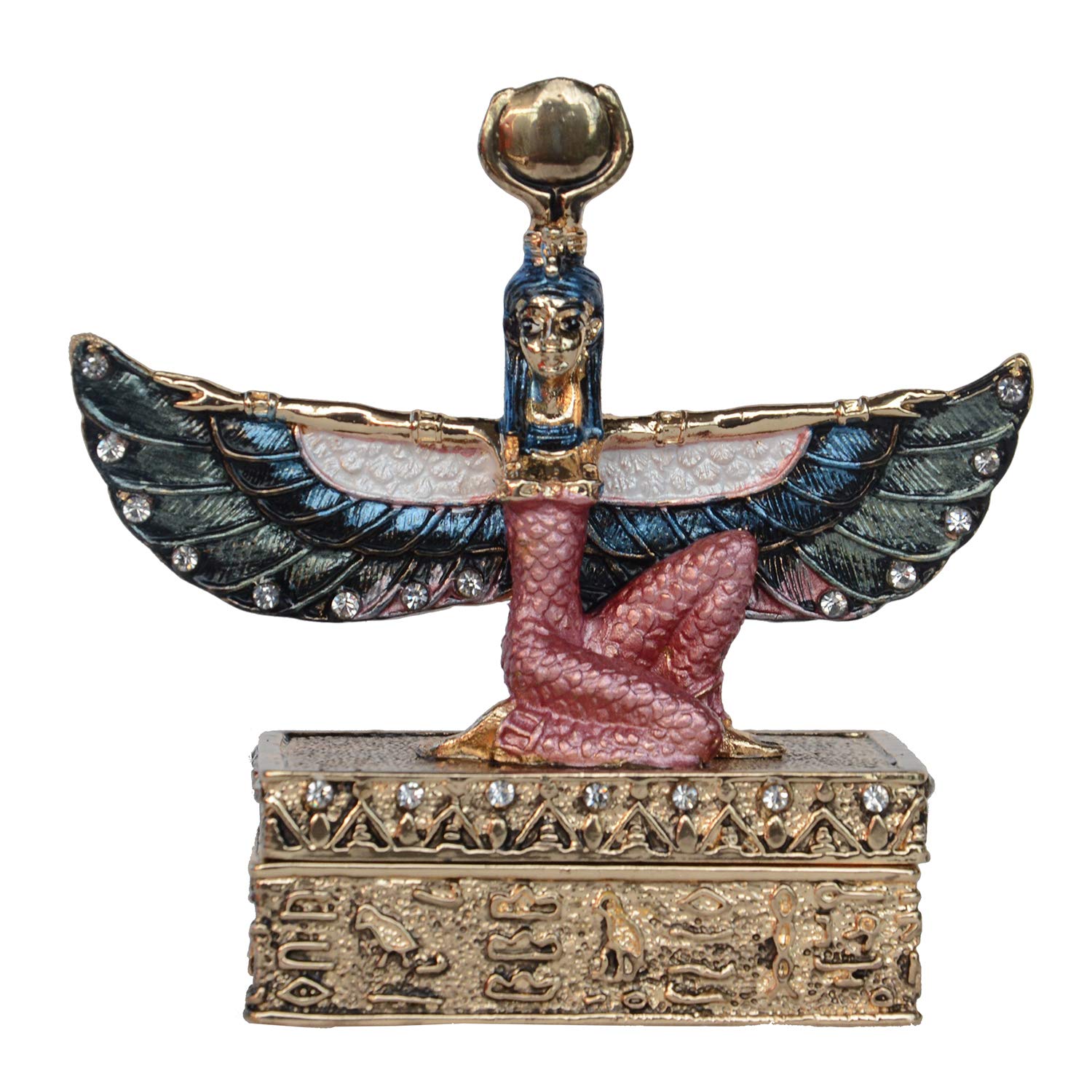 Hand-Painted Egyptian Winged Isis Jewelry Box - Decorative Trinket Box with Hinged Lid, Ring & Earring Holder - Collectible Table Figurine for Home Décor & Gift Giving