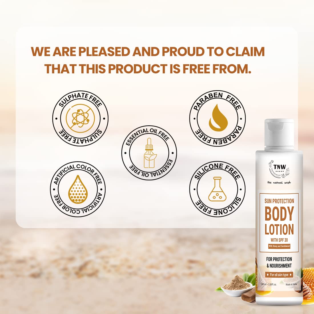 TNW - The Natural Wash SPF 30 Sun Protection Body Lotion with Sandalwood & Honey | 100ml | Moisturizing & UV Protection for Outdoor Activities, Beach & Daily Use