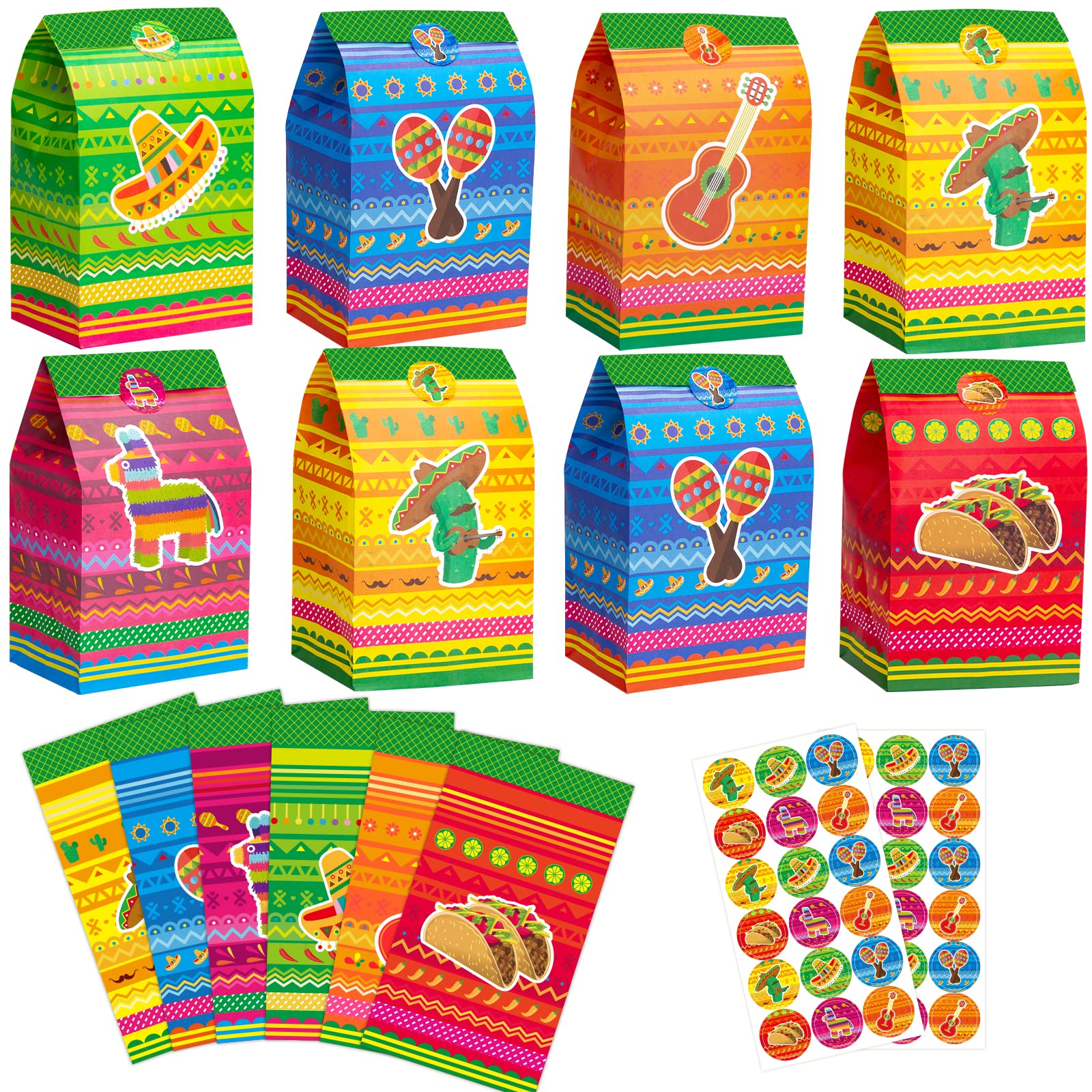Colorful Mexican Fiesta Party Favor Bags - 24 Pack Cinco de Mayo Goodie Bags for Candy, Treats & Gifts - Perfect for Birthday Parties, Themed Events & Holiday Celebrations
