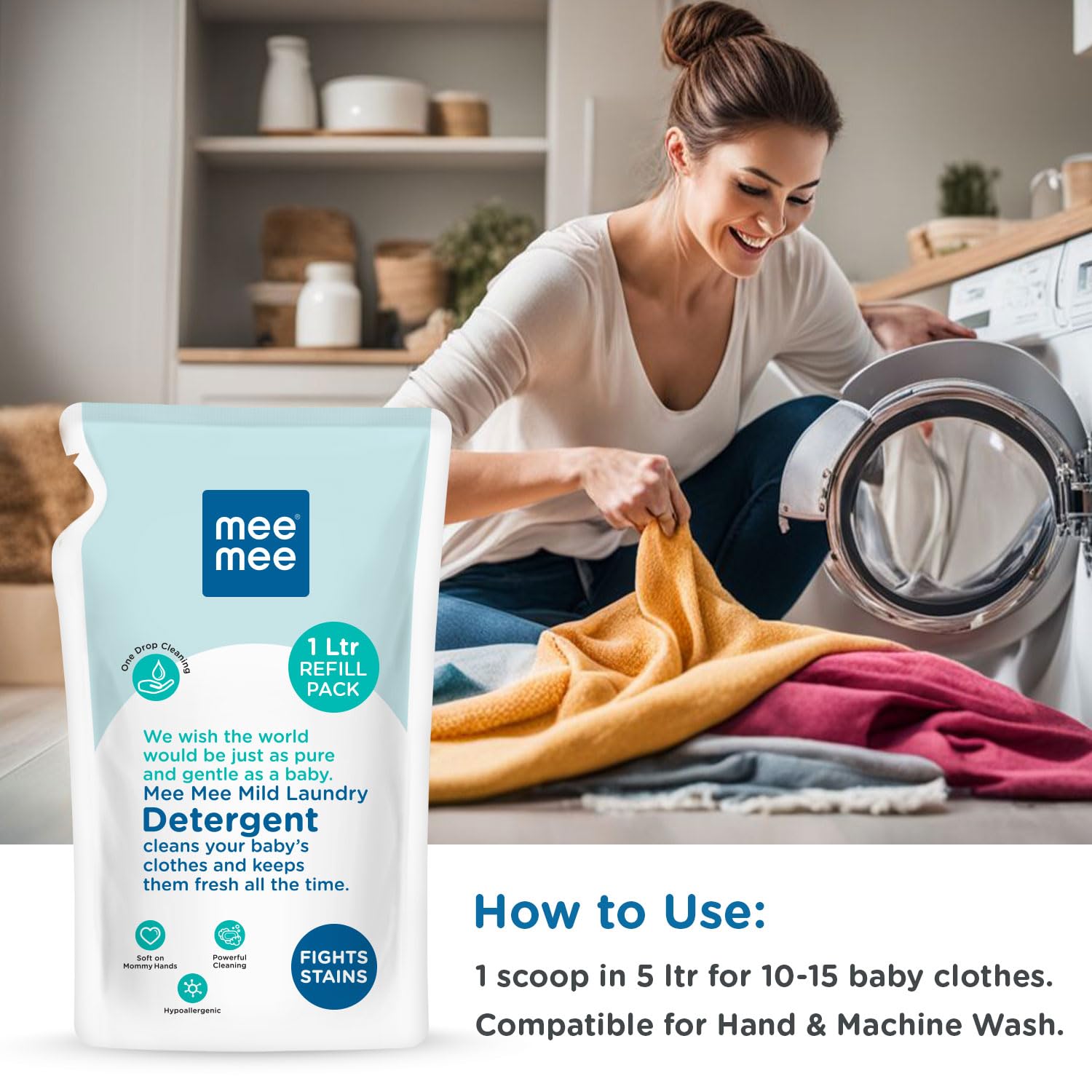 Mee Mee Baby Liquid Laundry Detergent 1L - Hypoallergenic, Ph Balanced & Chemical-Free | Gentle on Baby Skin & Mom's Hands | Antibacterial Stain & Odor Remover | Perfect for Newborn Clothes, Blankets & Sensitive Skin Care