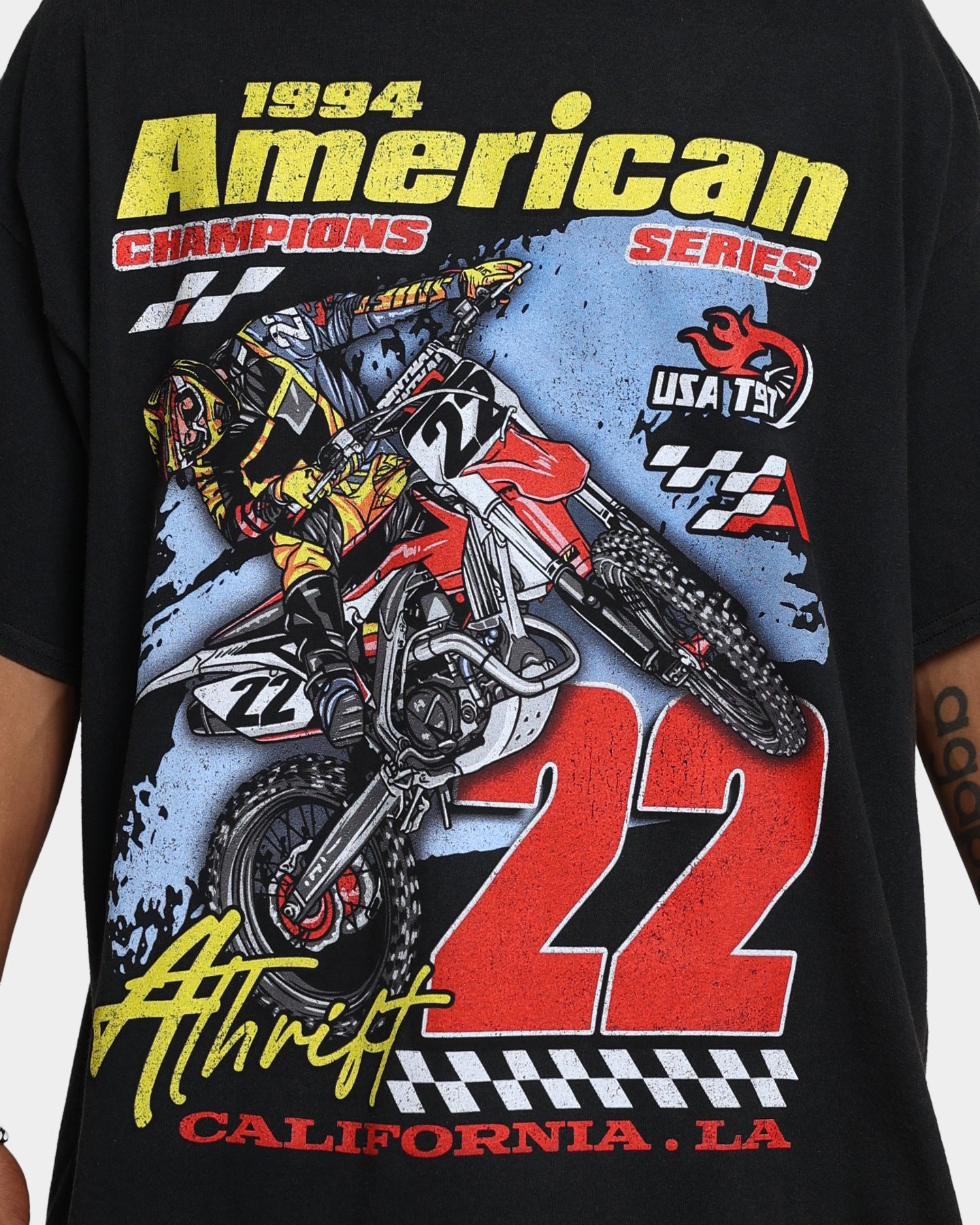 Vintage American Thrift Dirt Bike Graphic T-Shirt - Off Black | Retro Motorcycle Tee for Bikers & Off-Road Enthusiasts