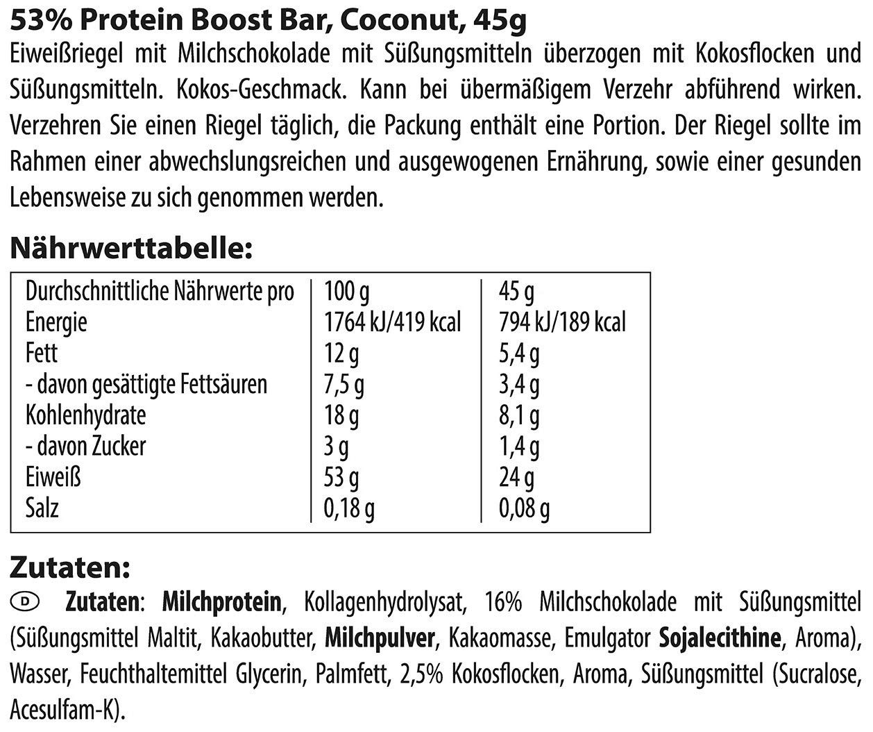 Multipower 53% Protein Boost Bar - 20 Pack Coconut Flavor High Protein Snack - 24g Protein & 1.4g Sugar Per Bar - Perfect for Post-Workout Recovery & Healthy On-the-Go Nutrition
