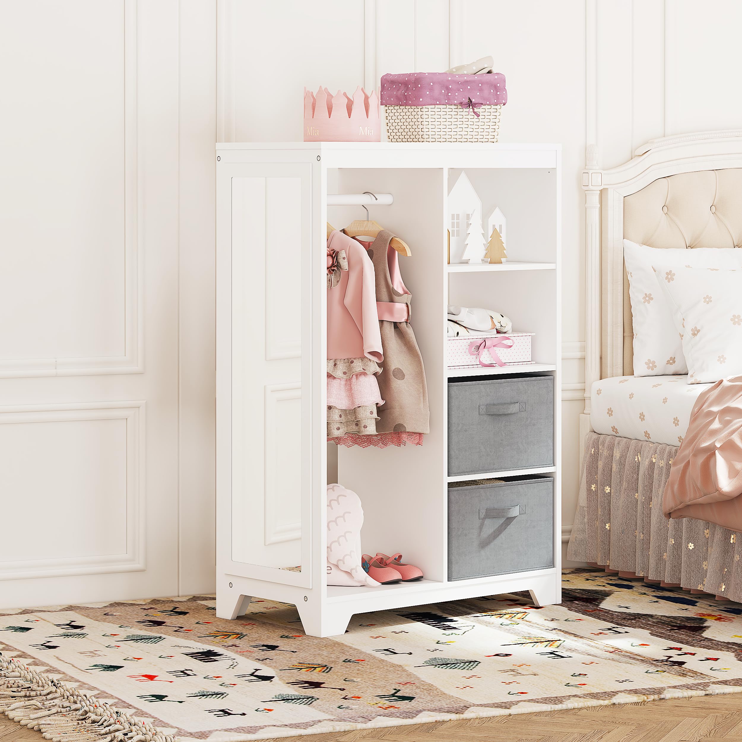UTEX Kids Dress Up Storage with Full Length Mirror - Kids Armoire with 2 Storage Bins & Hanging Costume Closet - Pretend Play Wardrobe Dresser for Girls & Boys Bedroom - Perfect for Toy Organization & Dress-Up Playtime