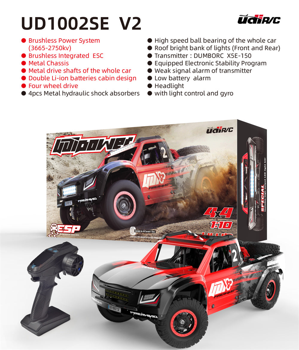 UDIRC 1002SE V2 1/10 Scale 4WD Brushless RC Truck - 60km/h High Speed, LED Lights, Gyro Stabilizer, All Terrain Off Road Remote Control Car for Adults & Kids - Perfect for Backyard Racing, Off-Road Adventures & RC Hobby Enthusiasts