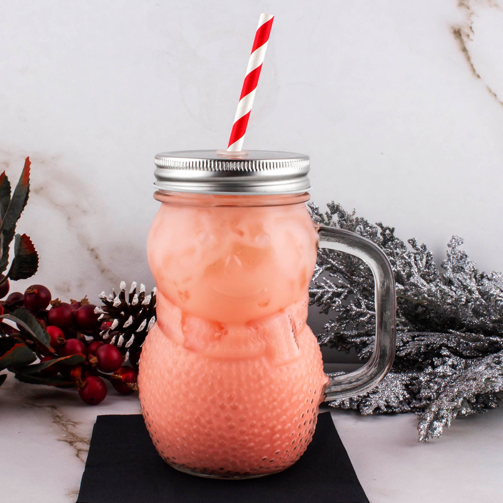 BarConic® 16oz Snowman Mason Jar with Handle - Holiday Drinkware for Christmas Parties, Hot Cocoa & Festive Beverages