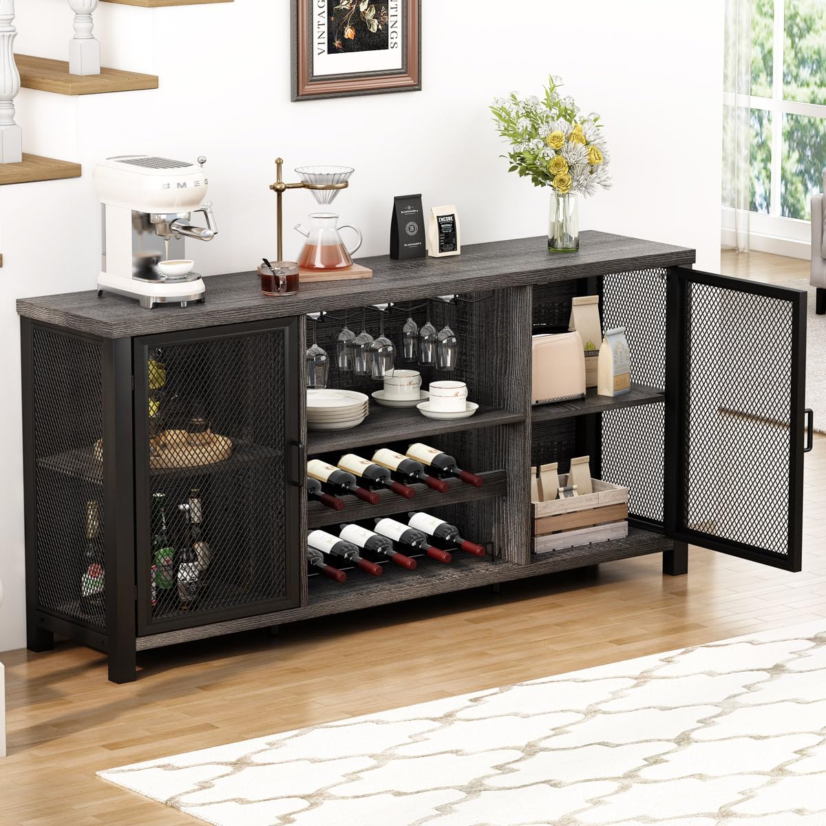 Industrial Wine Bar Cabinet - Rustic Sideboard Buffet with Storage for Liquor, Glasses & Coffee Bar | Dark Grey Oak 55
