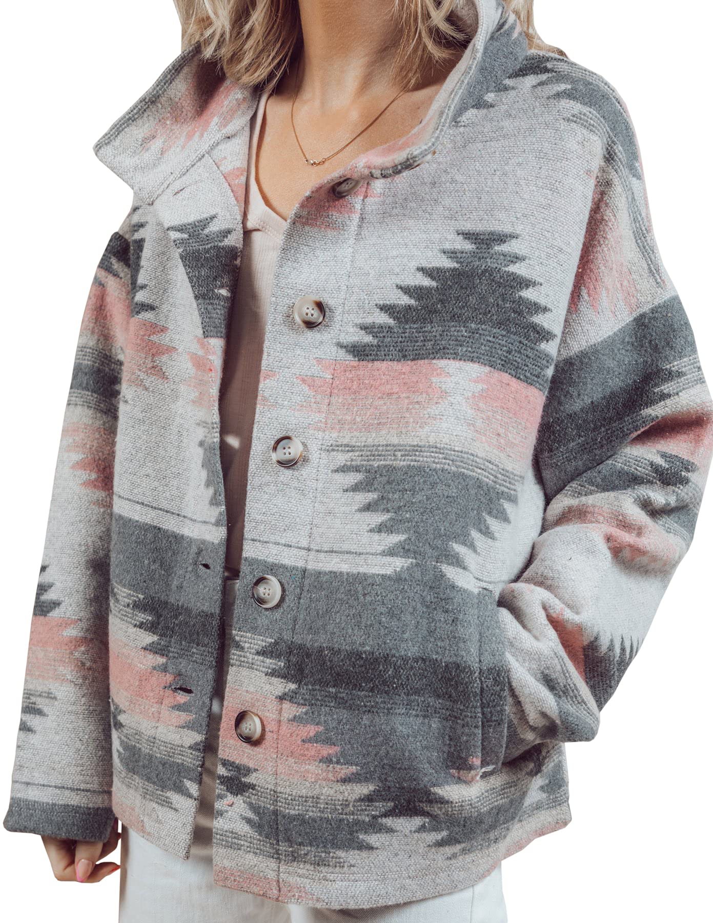 Women's Aztec Print Shacket Jacket - Loose Fit Vintage Boho Wool Blend Coat with Button Down Front - Casual Outerwear for Fall & Winter Layering