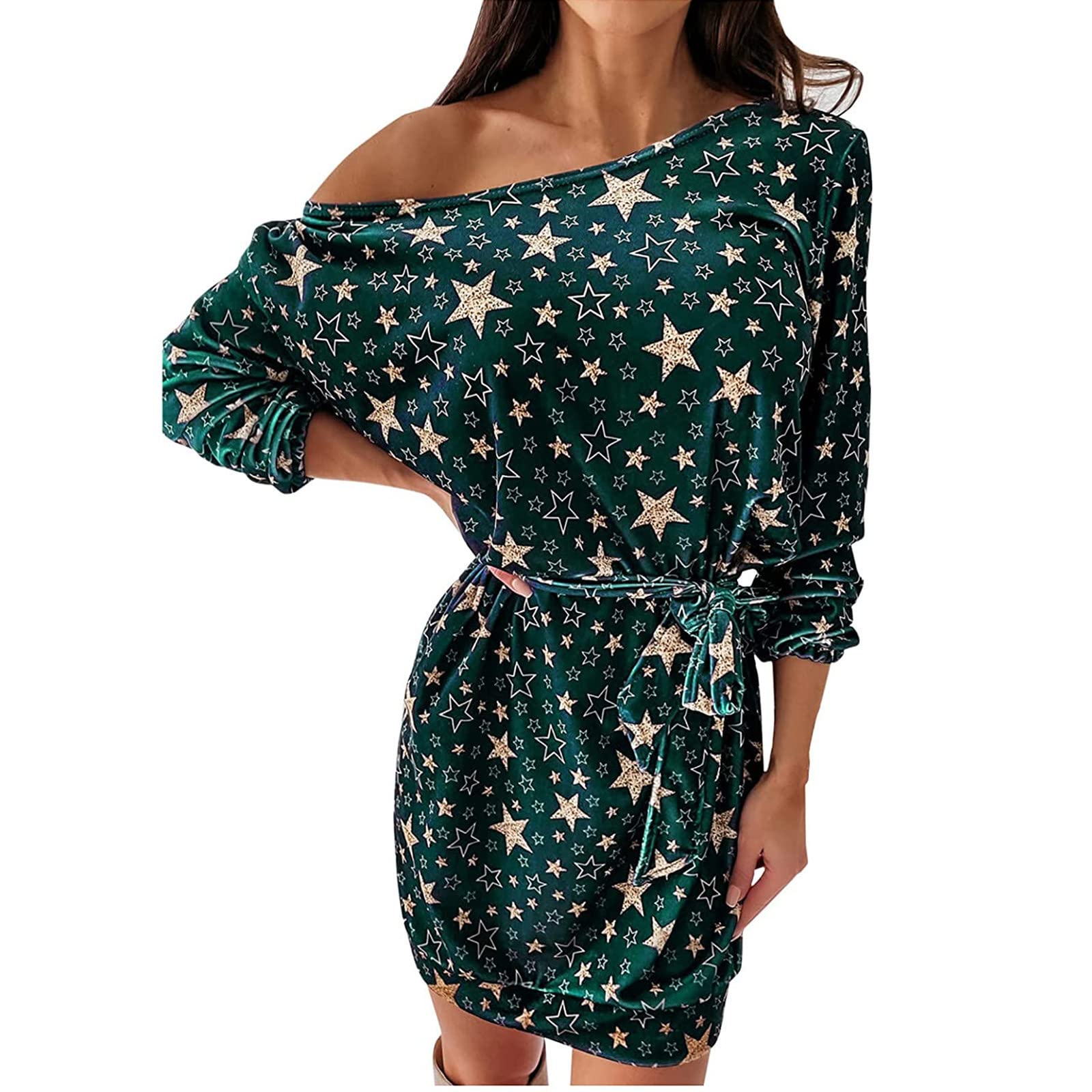 BADHUB Women's Star Print Party Dress with Belt - Elegant Cocktail & Wedding Guest Midi Dress for Evening Events, Date Nights & Special Occasions